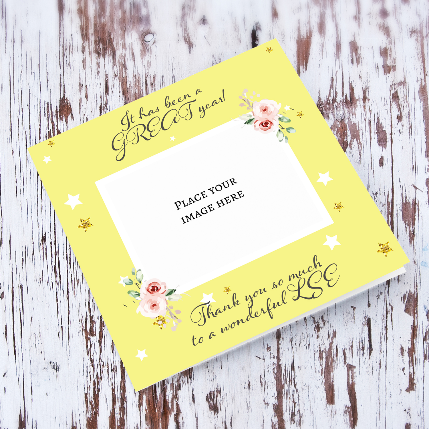 Photo thank you card for LSE with a yellow background - It has been a GREAT year! in English