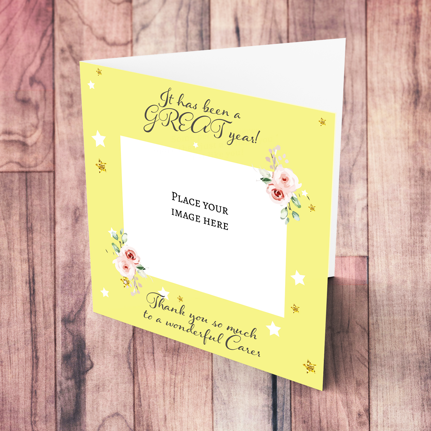 Photo thank you card for Carer with a yellow background - It has been a GREAT year! in English
