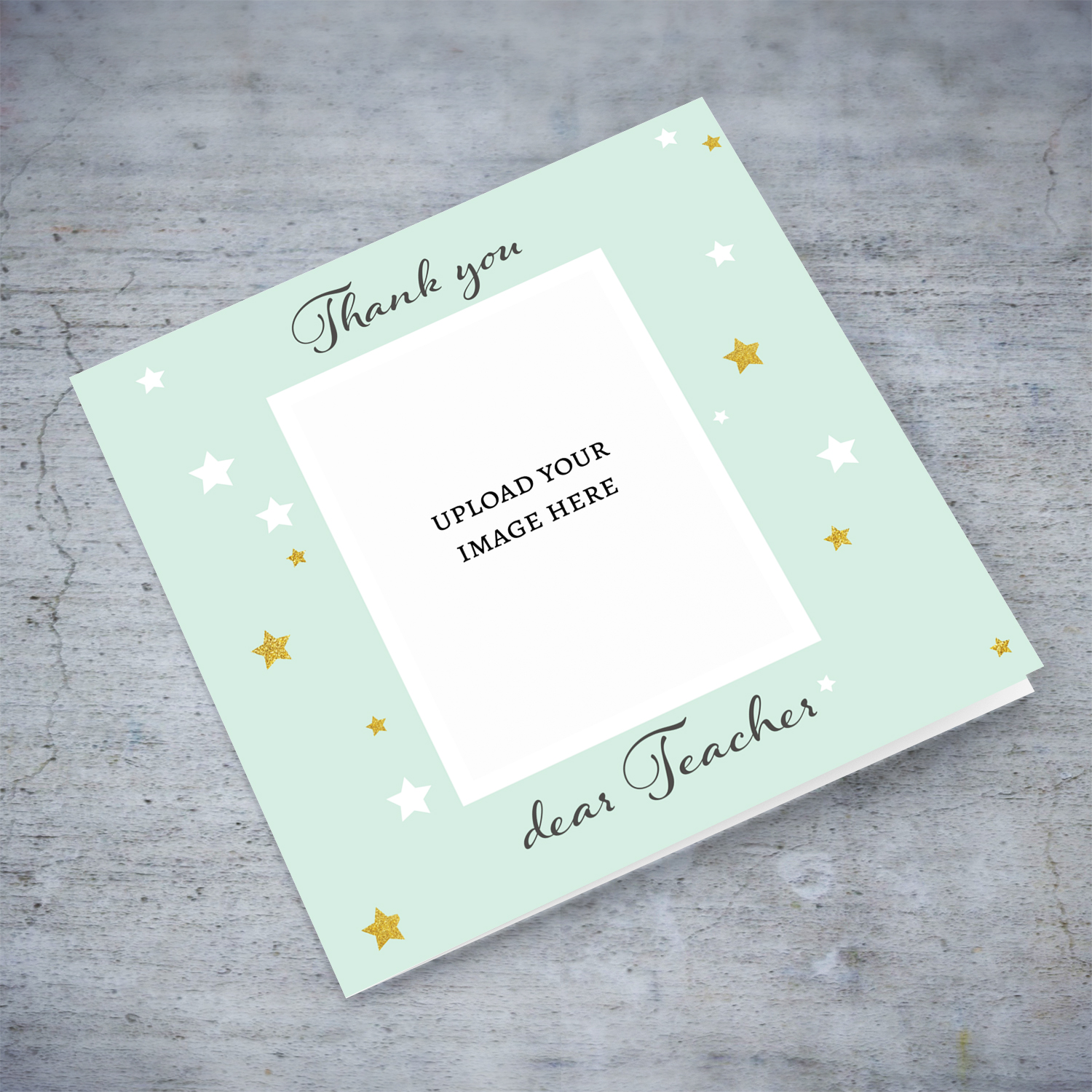 A thank you card for teacher, in a light green background, with scattered stars in English