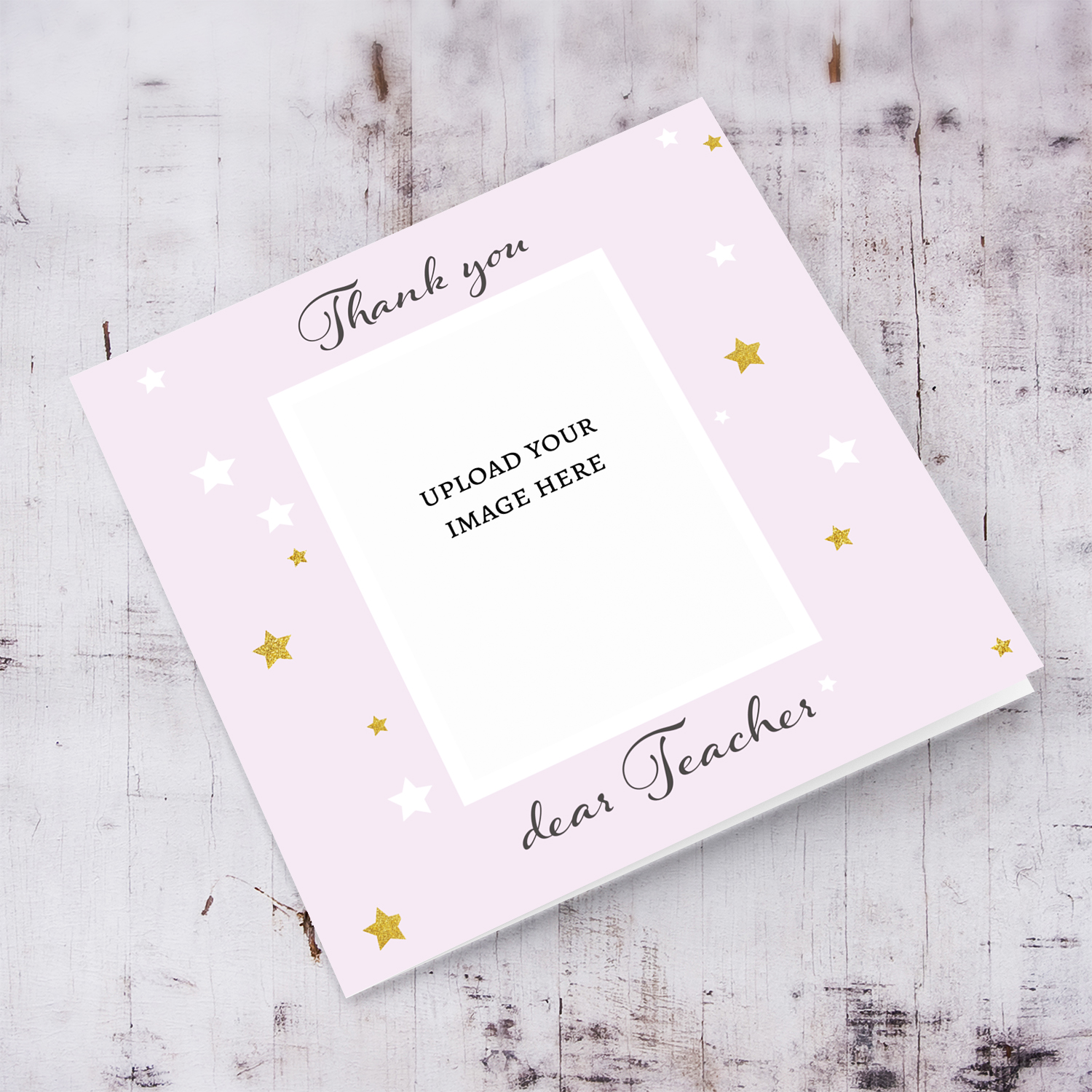 A thank you card for teacher, in a light pink background, with scattered stars in English