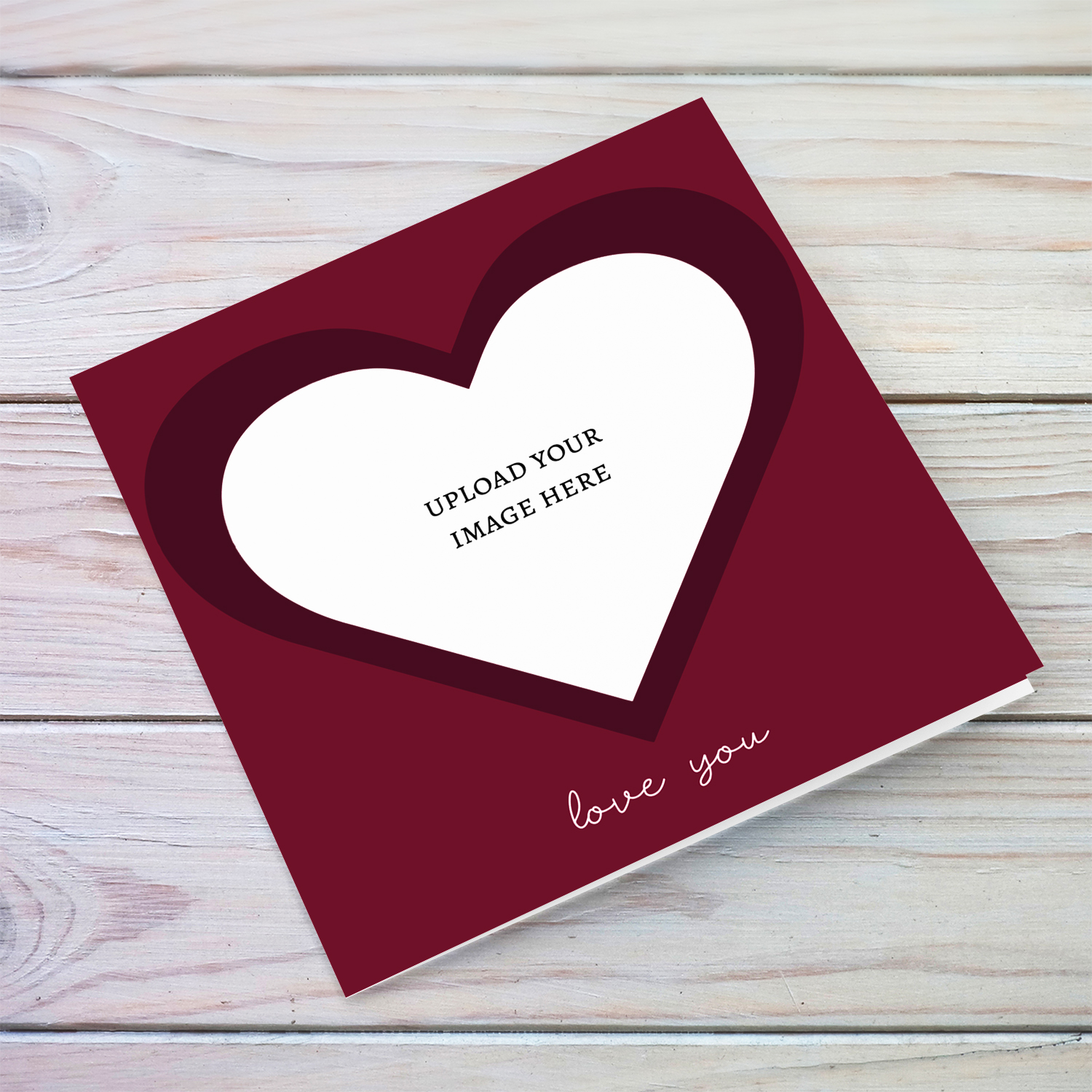 Heart shaped photo card in dark red colour - love you in English
