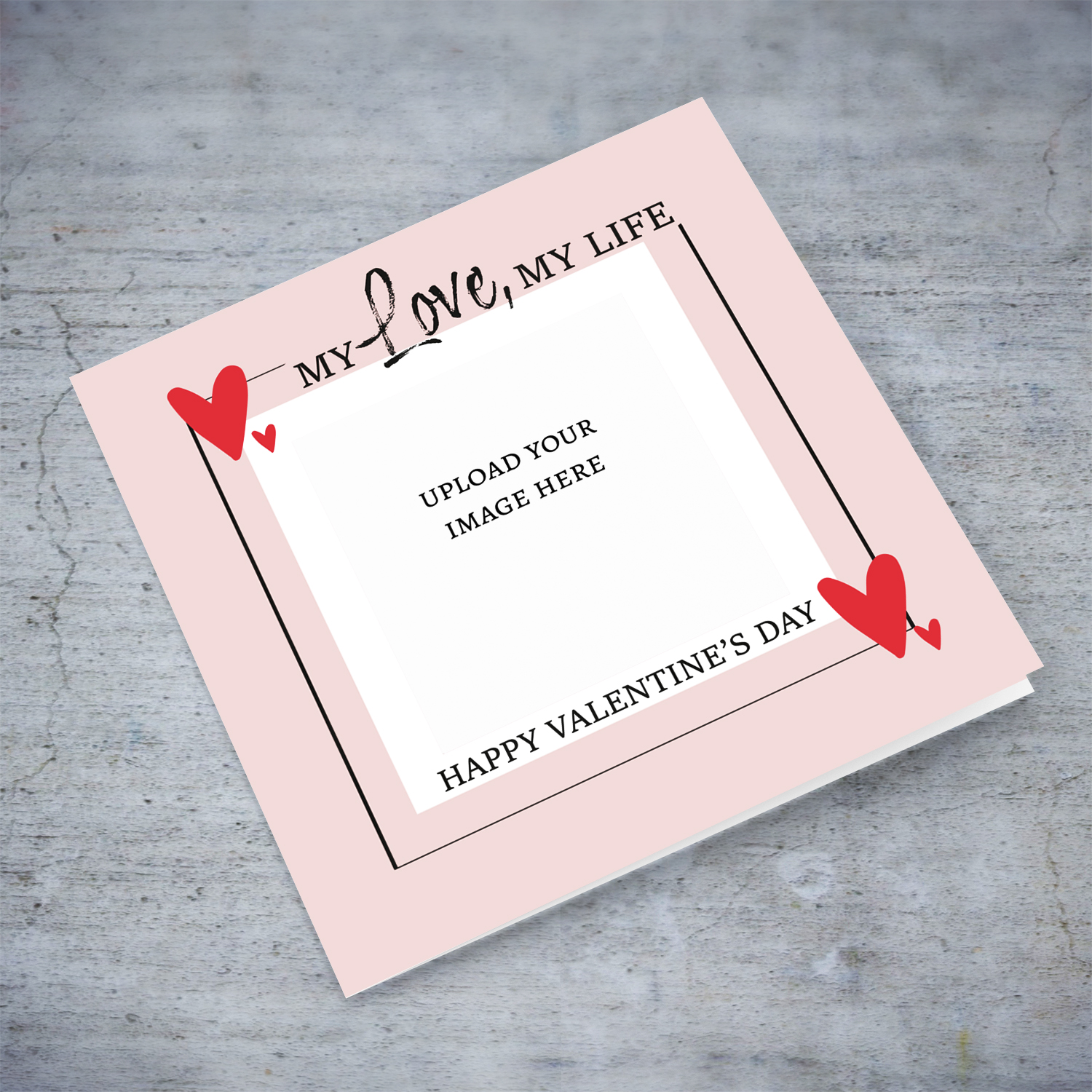 My love - Valentine photo card in pink background and red hearts in English