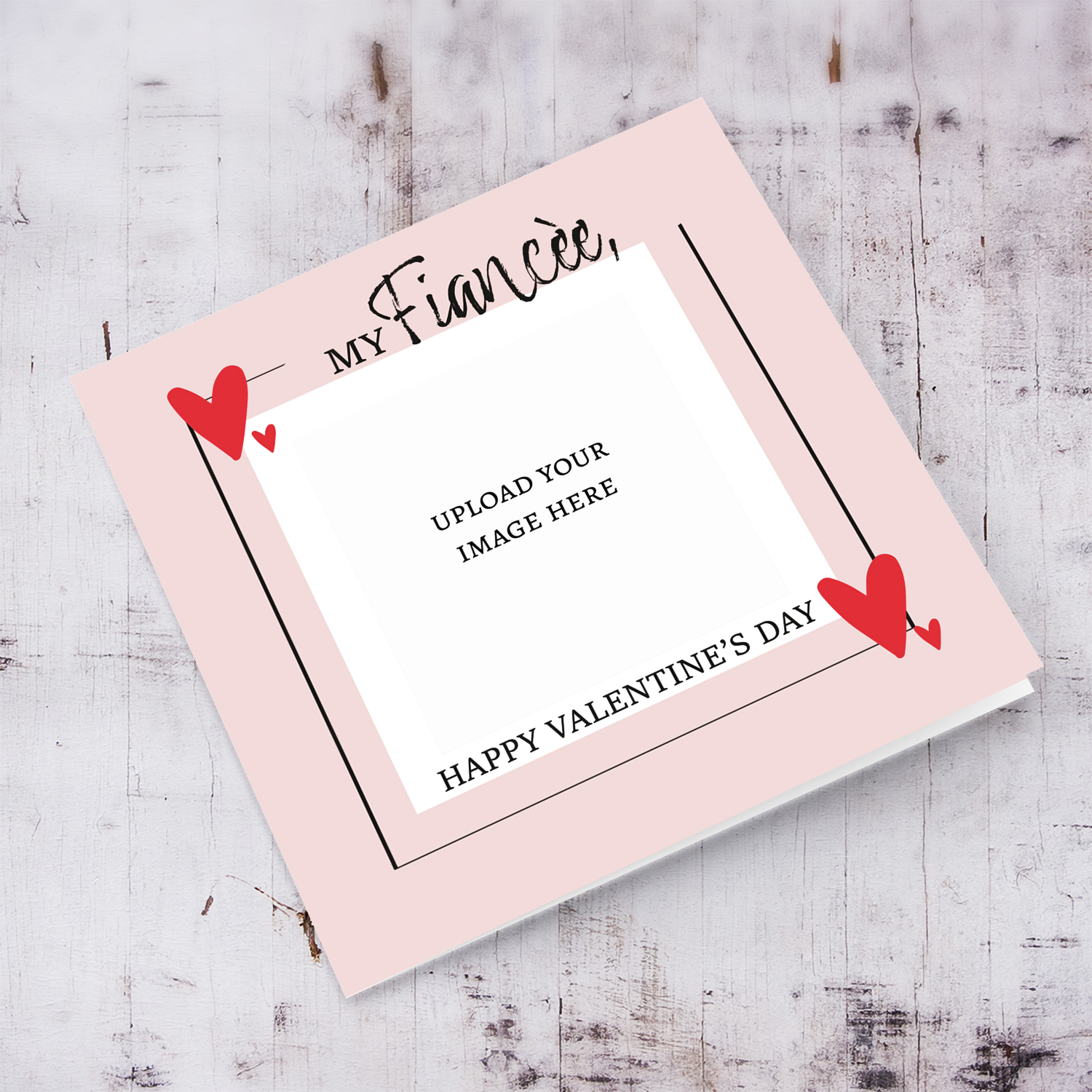 Fiancée Valentine photo card in pink background and red hearts in English