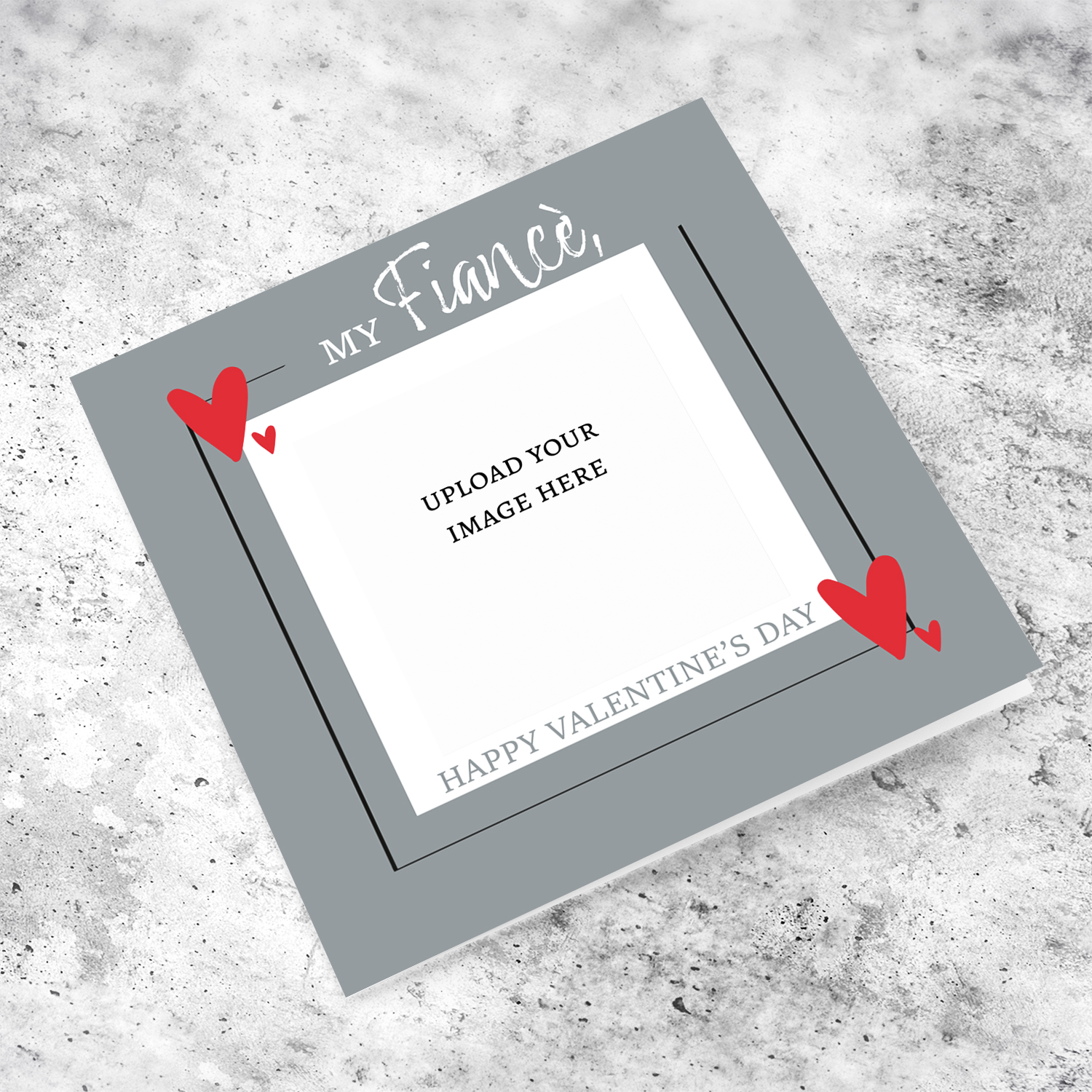 Fiancé Valentine photo card in grey background and red hearts in English