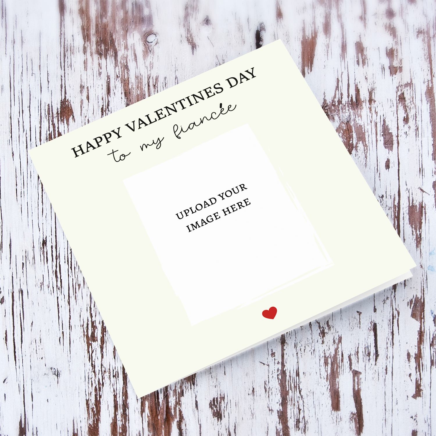 Fiancée Valentine photo card in a neutral background and red heart in English