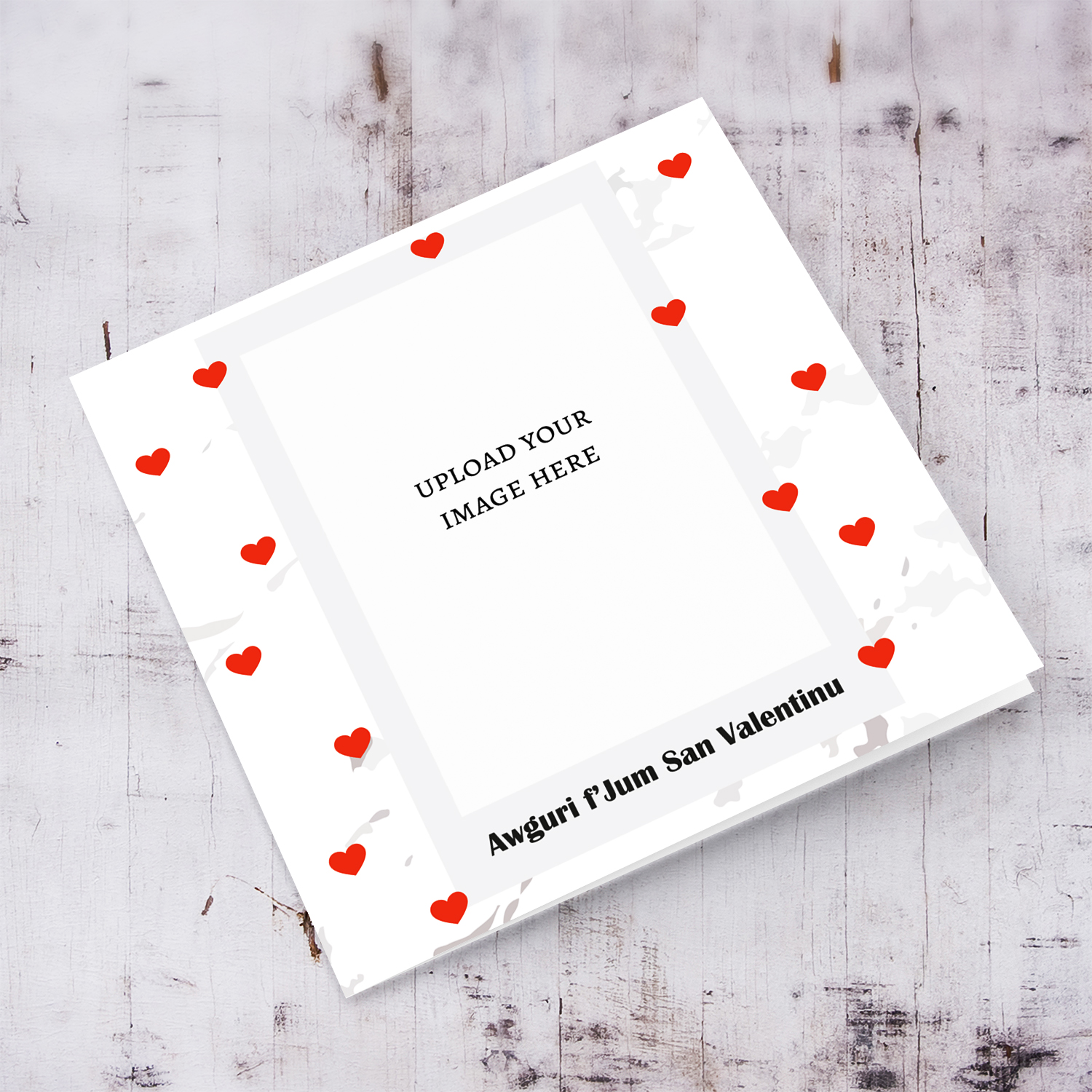 Valentines Photo card in Marbled background and scattered red hearts in Maltese