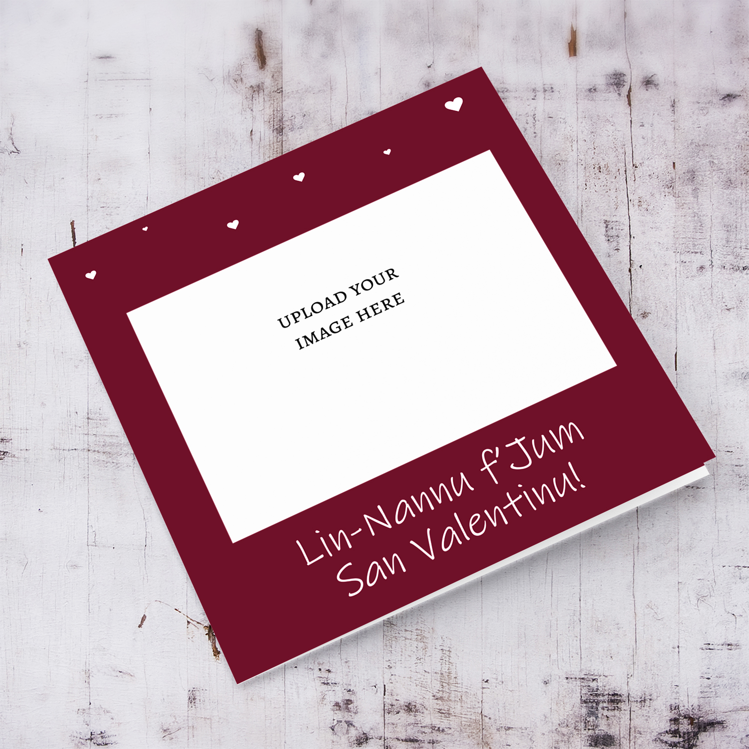 Grandpa Valentines photo card in dark red background and white hearts in Maltese