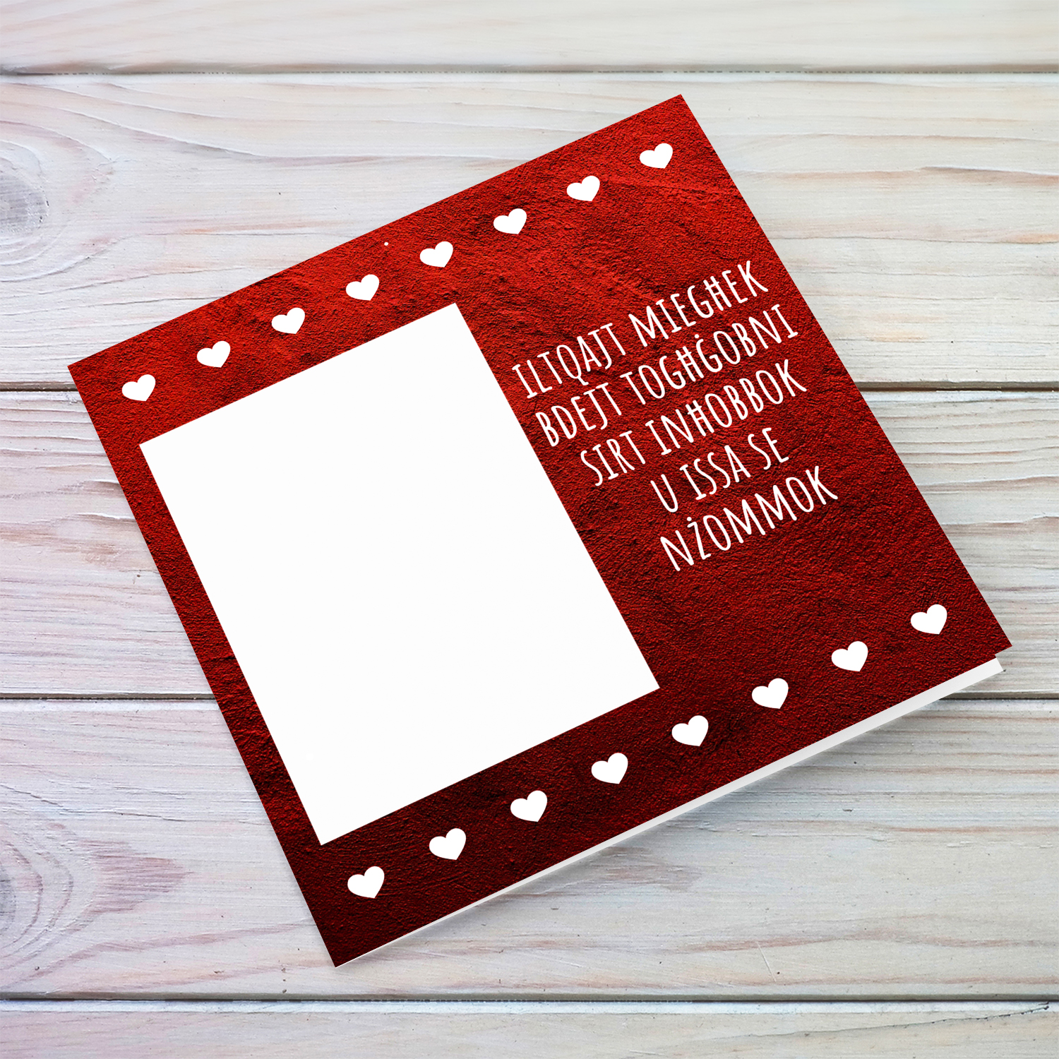 Dark red textured photo valentines card in Maltese 
