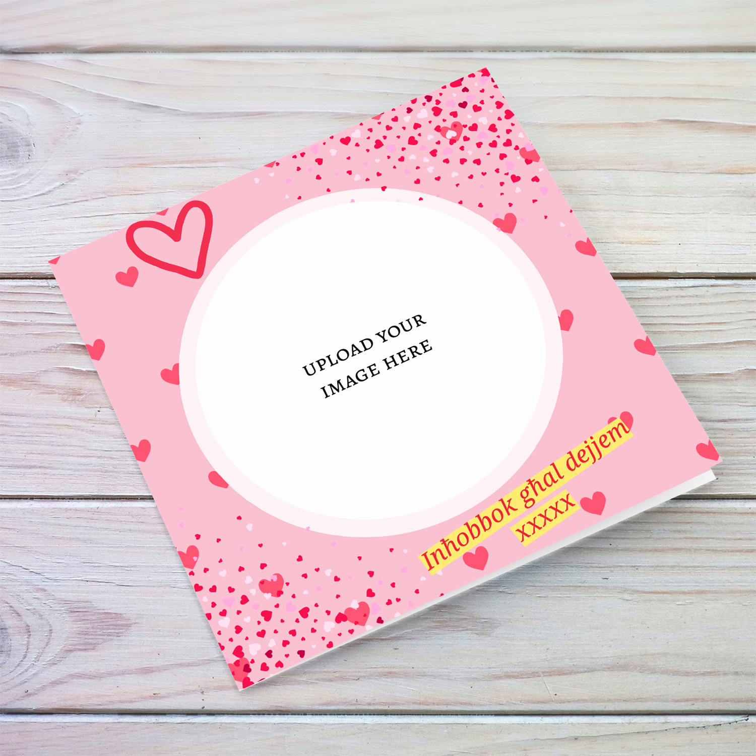 Pink background with loads of hearts photo card in Maltese - Love you for ever