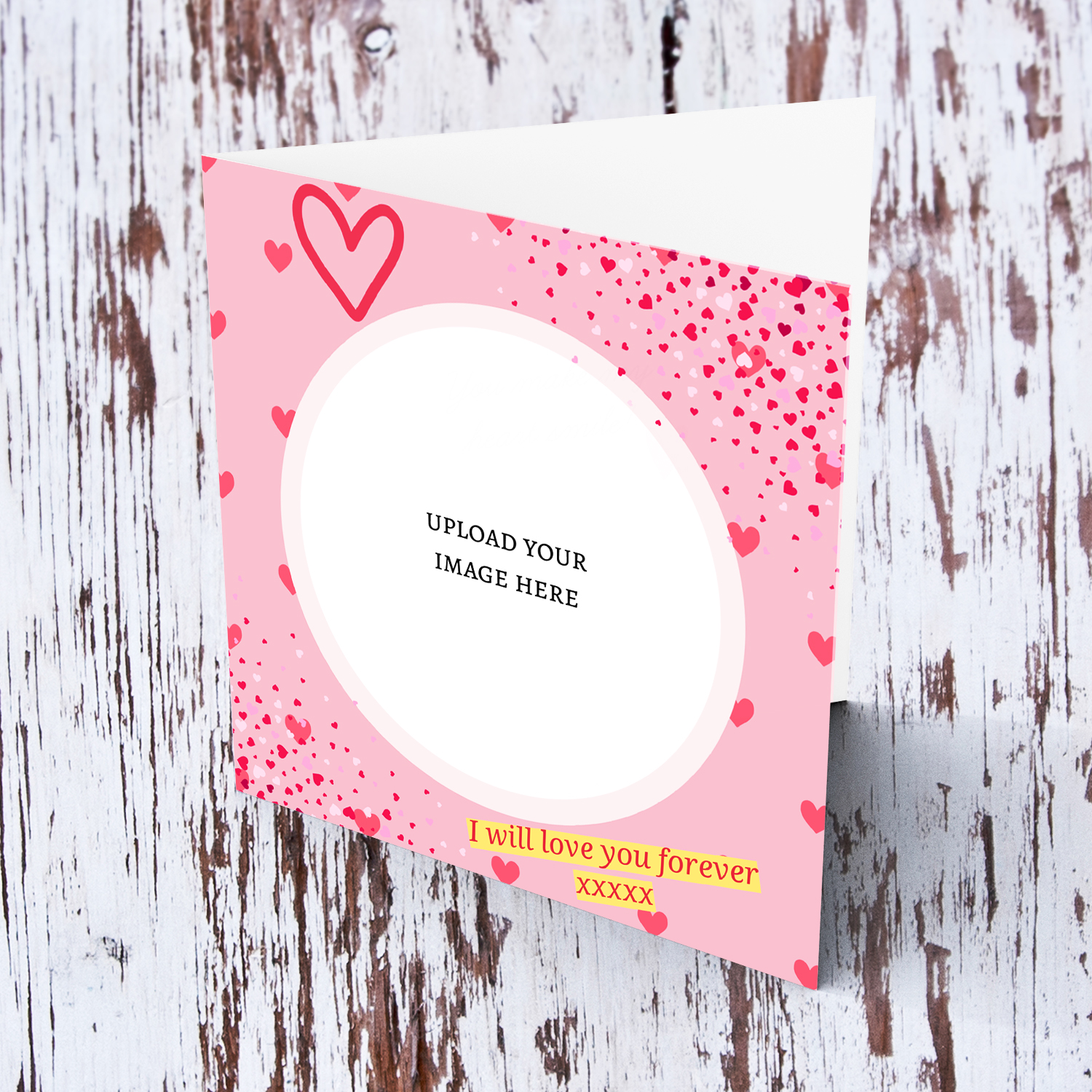 Pink background with loads of hearts photo card in English - Love you for ever