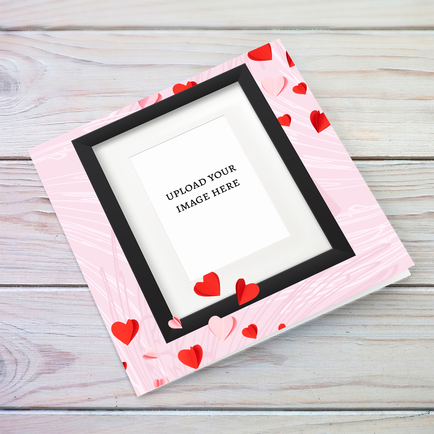 Photo frame themed card for Valentine's Day with pink background and red hearts (English)