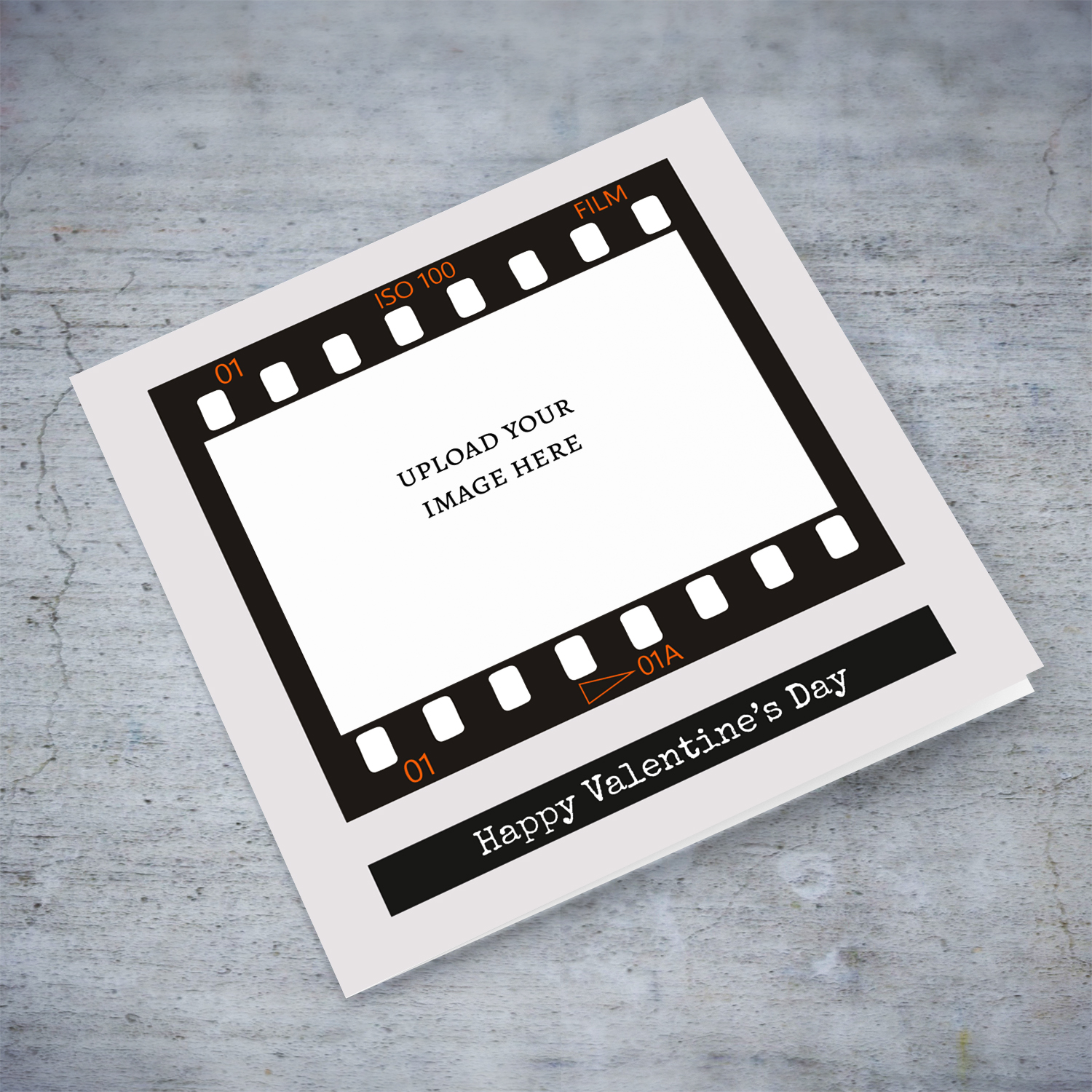 A unisex Valentine's Day photo card featuring a photo film reel to upload photo into in English
