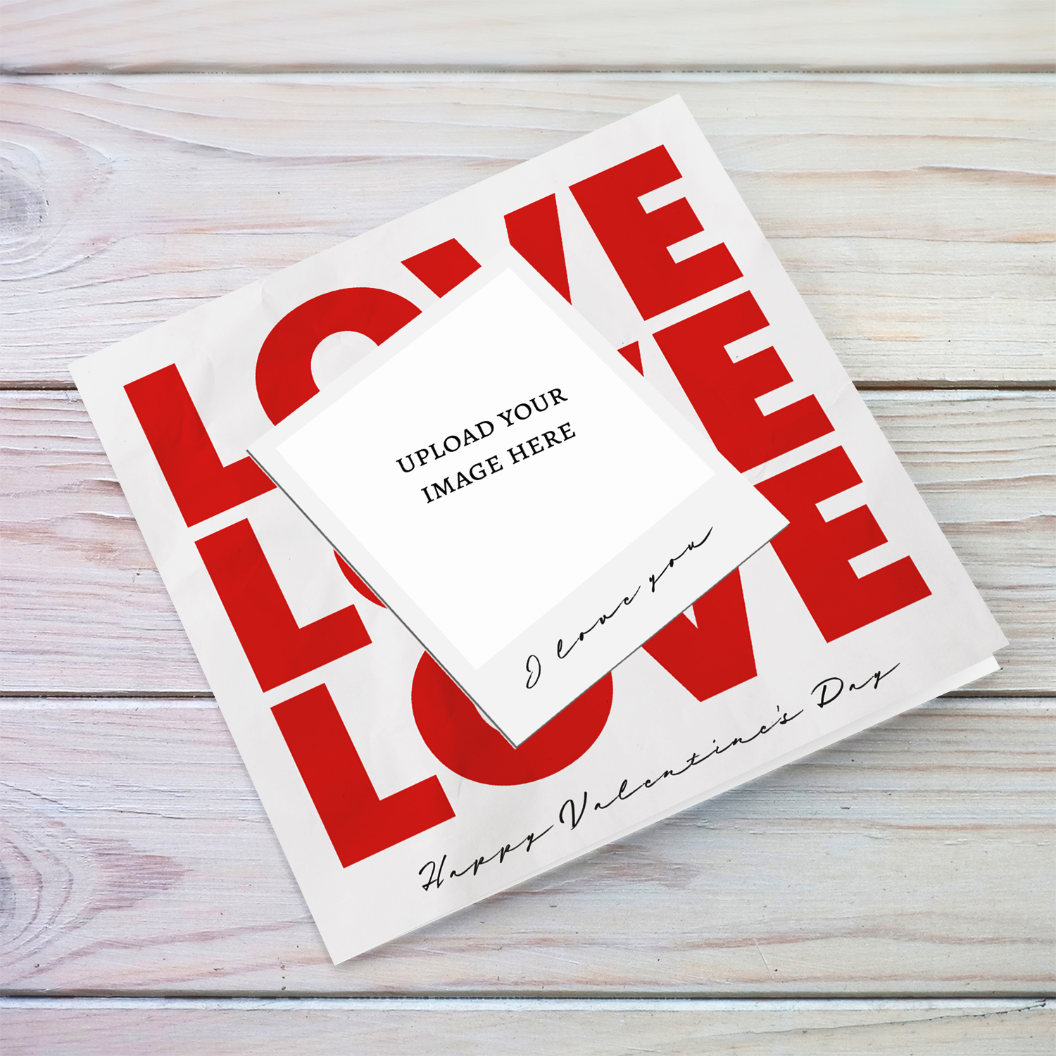A modern photo valentine's day card with repeated love pattern in the background in English
