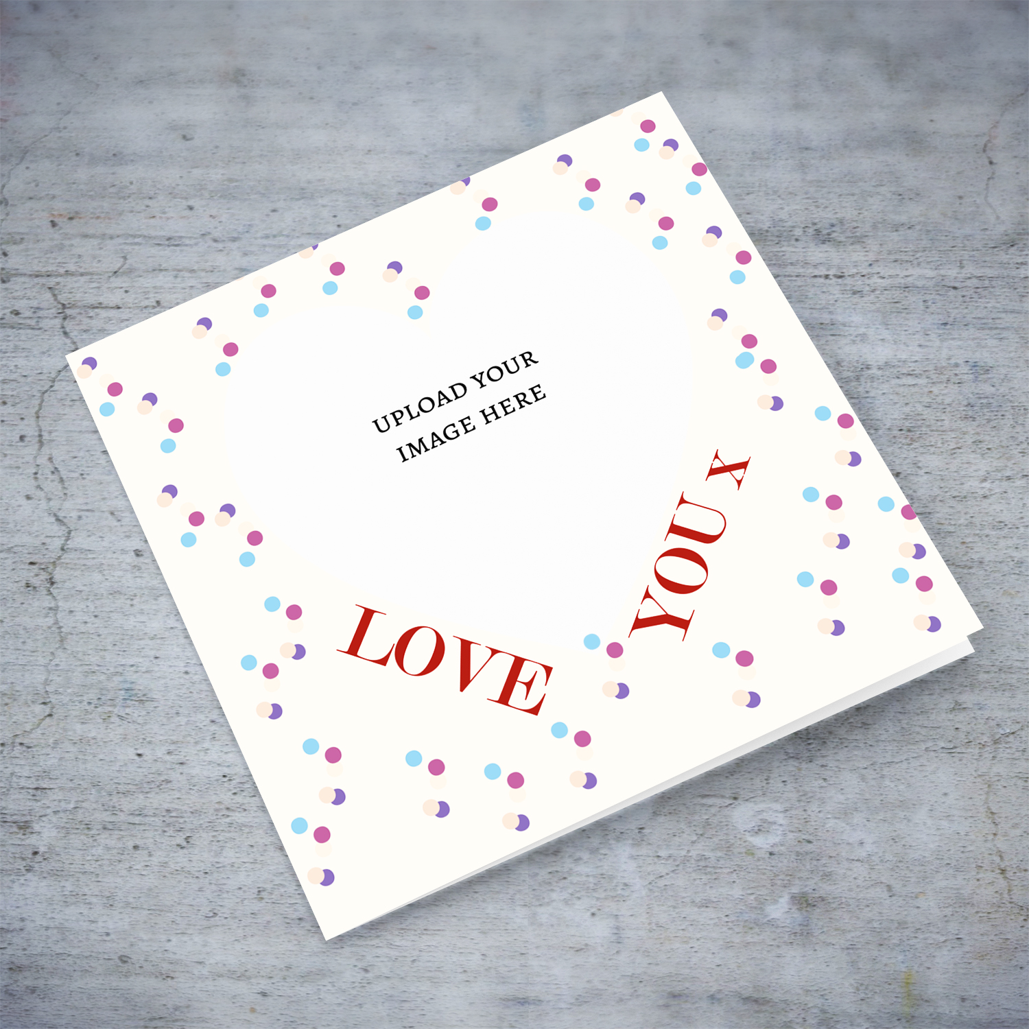 A heart shaped photo valentine's day card / Anniversary with repeated polka dot pattern in Egnlish