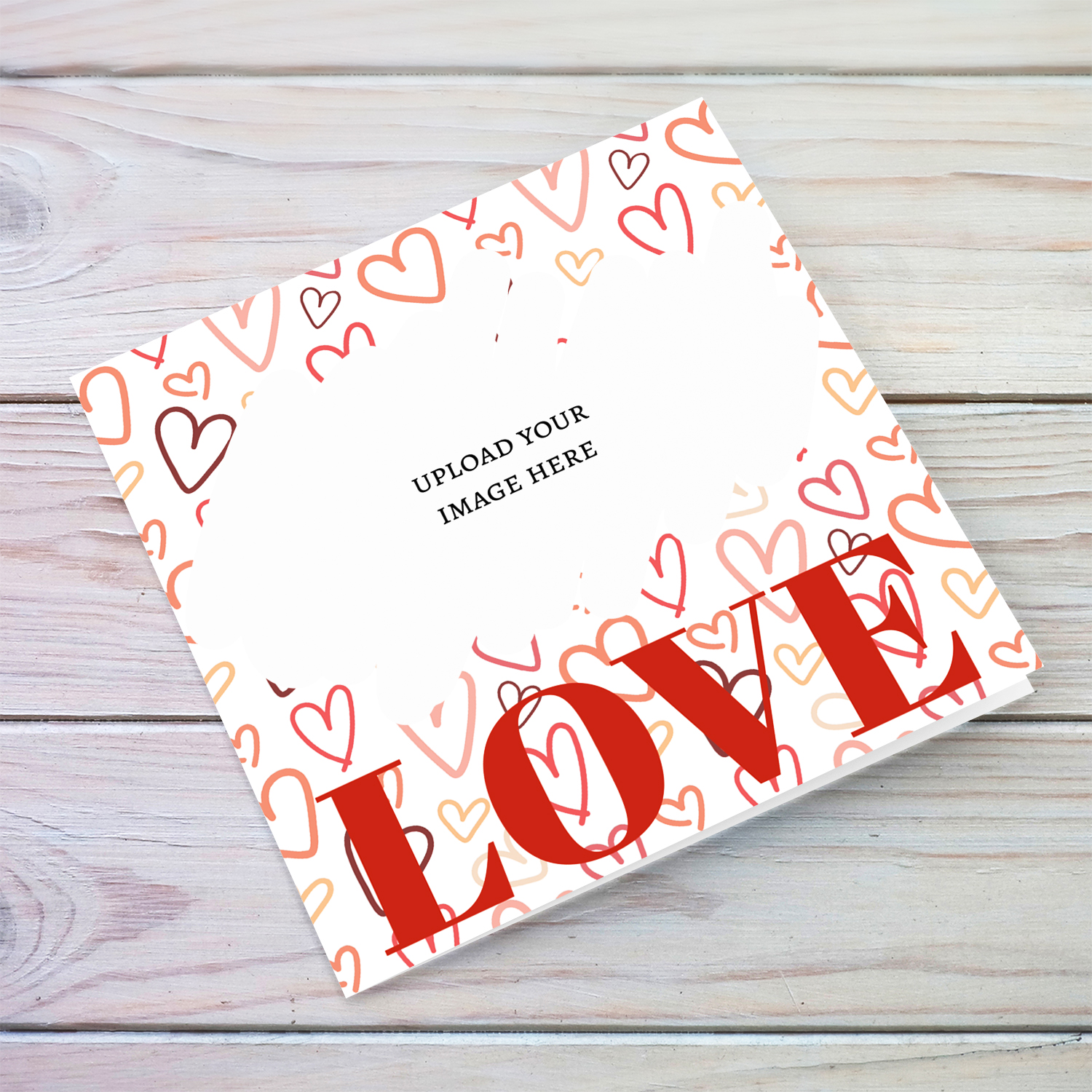 A love themed photo card with heart background in English 