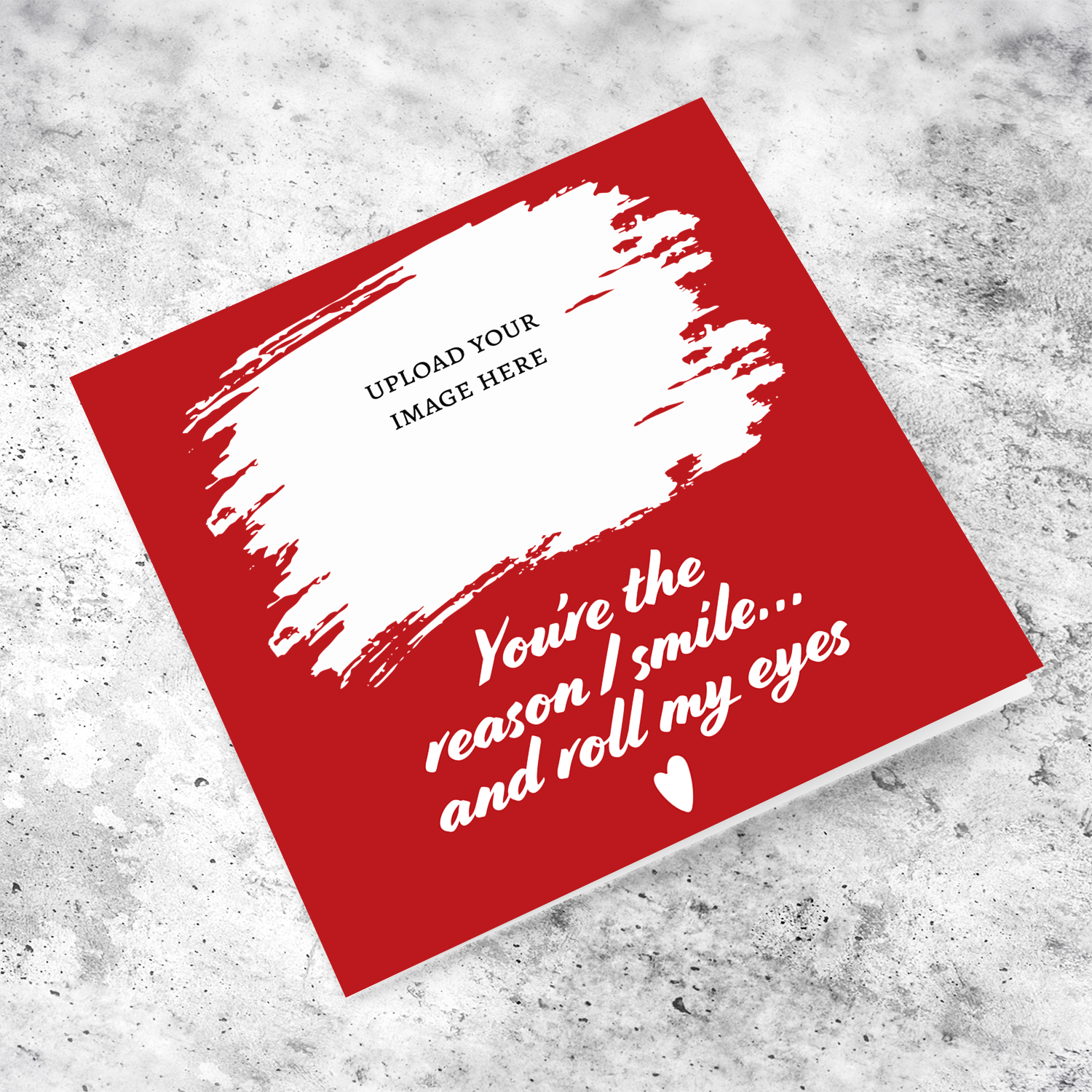 A modern funny photo card with a red background in English