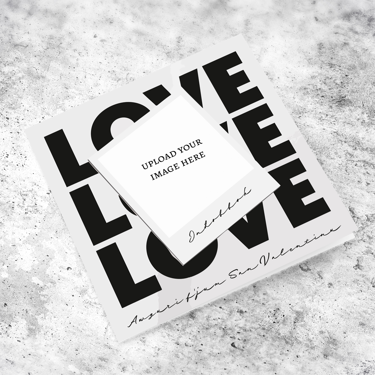 A modern photo valentine's day card with repeated love pattern in the background in Maltese
