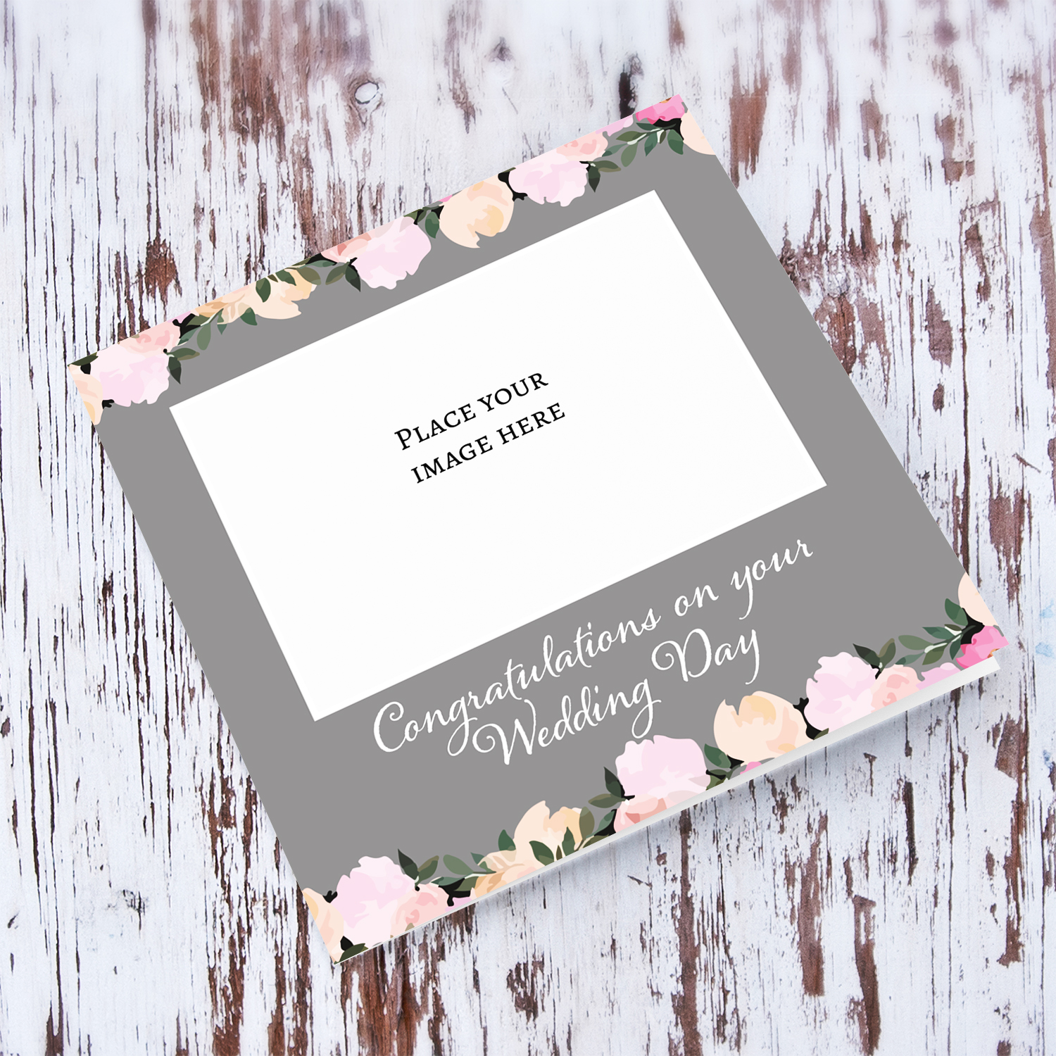 Floral top and bottom border with light gray background photo wedding card in English