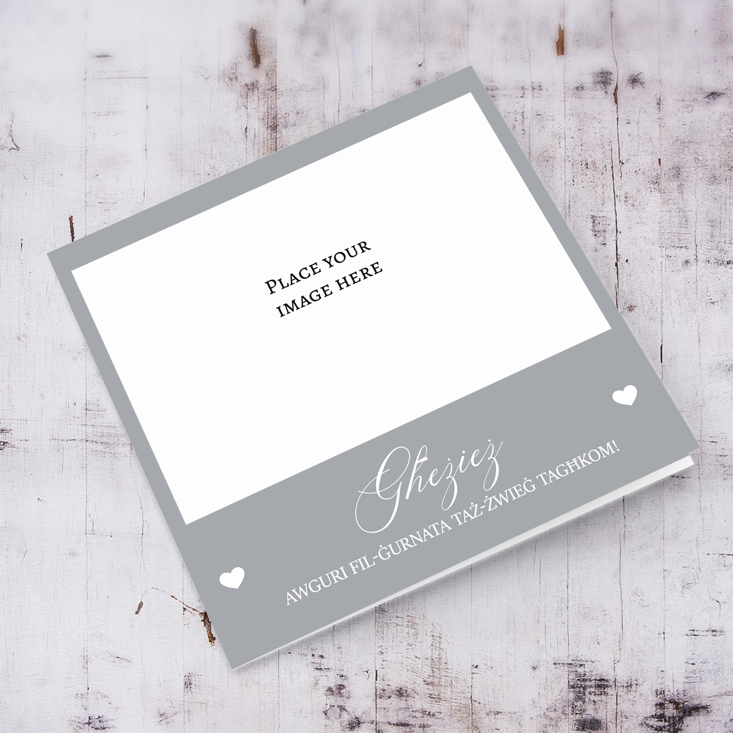 Minimalist photo wedding card in grey background and white text in Maltese