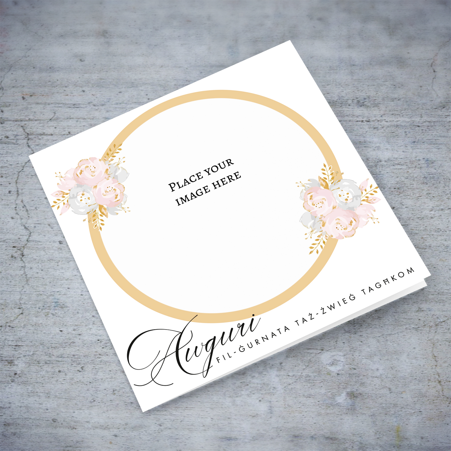 Elegant photo wedding card with florals, circled border and white background in Maltese