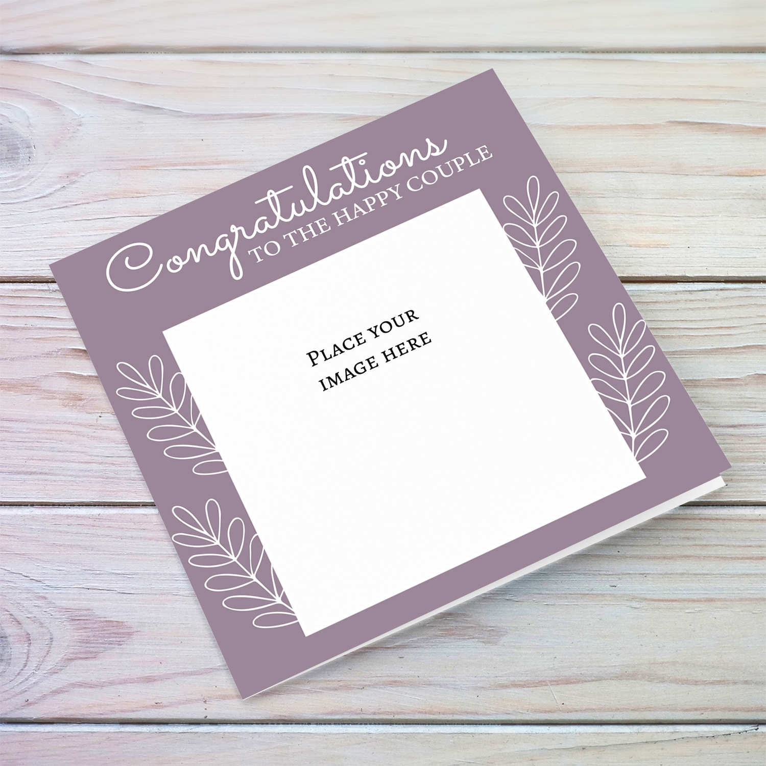 Purple background photo wedding card in white text and artwork in English