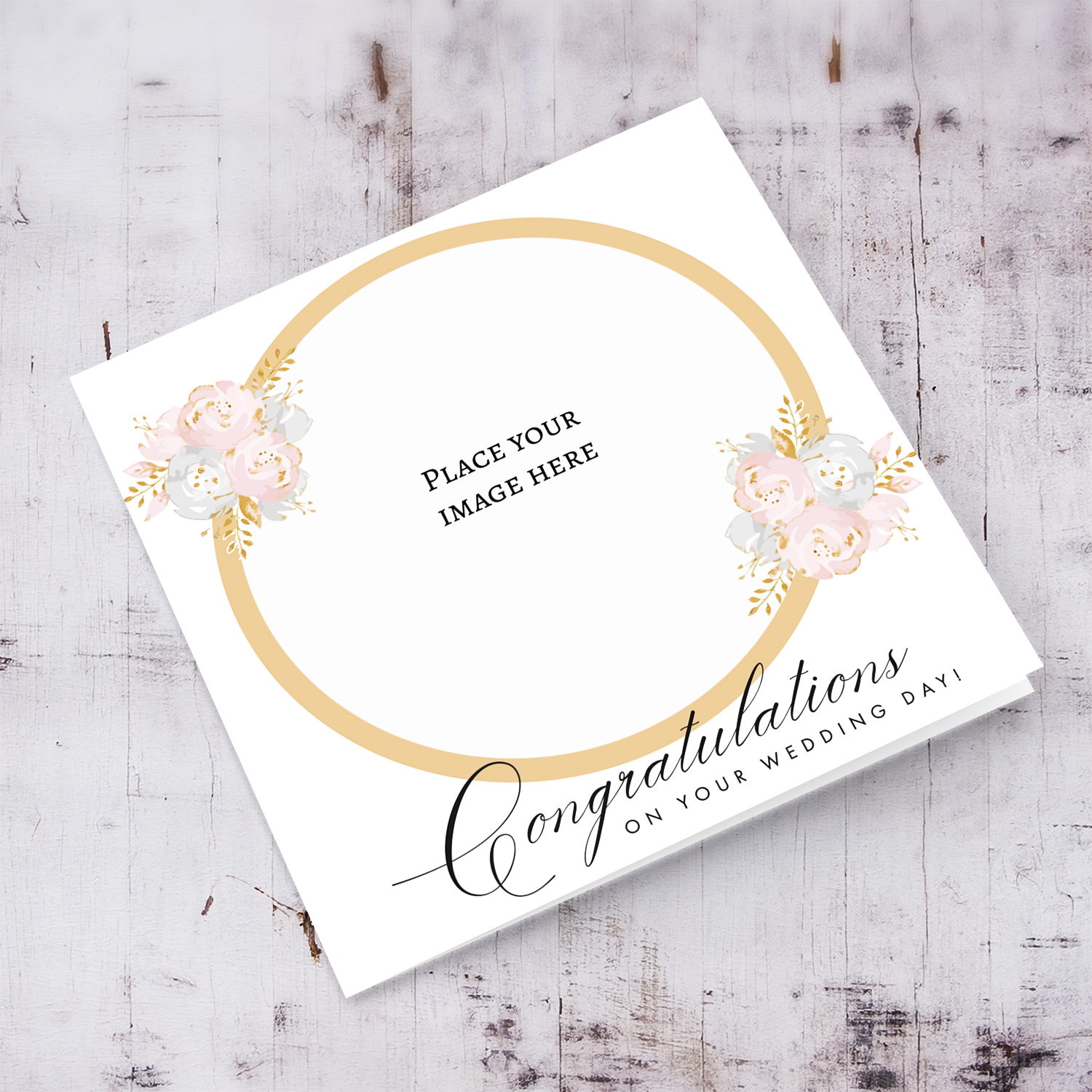 Elegant photo wedding card with florals, circled border and white background in English