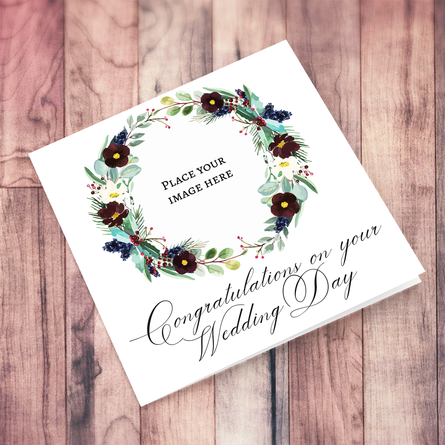 Floral wreath wedding photo card in English