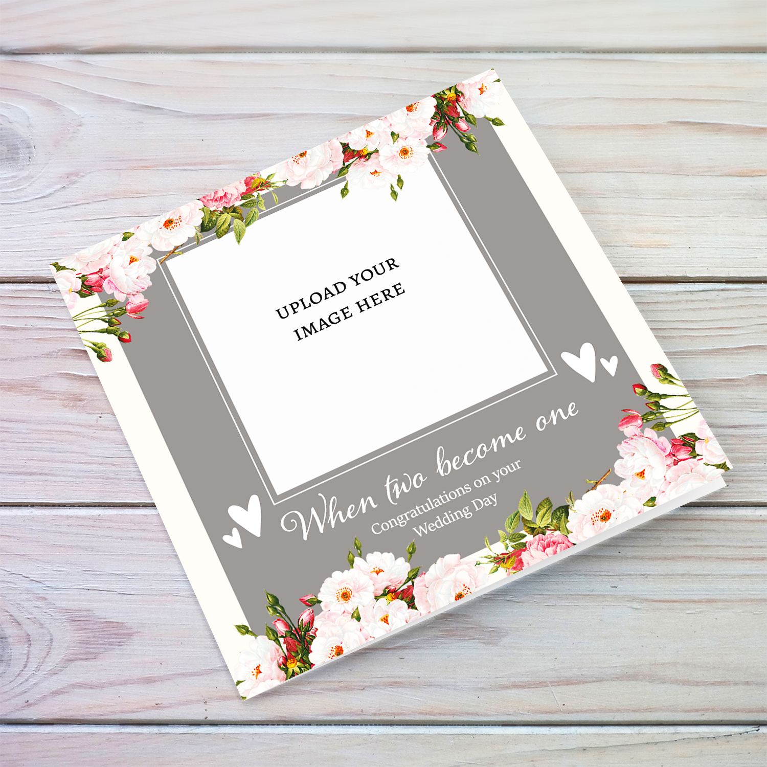 Photo wedding card in cream and gray background and florals in English