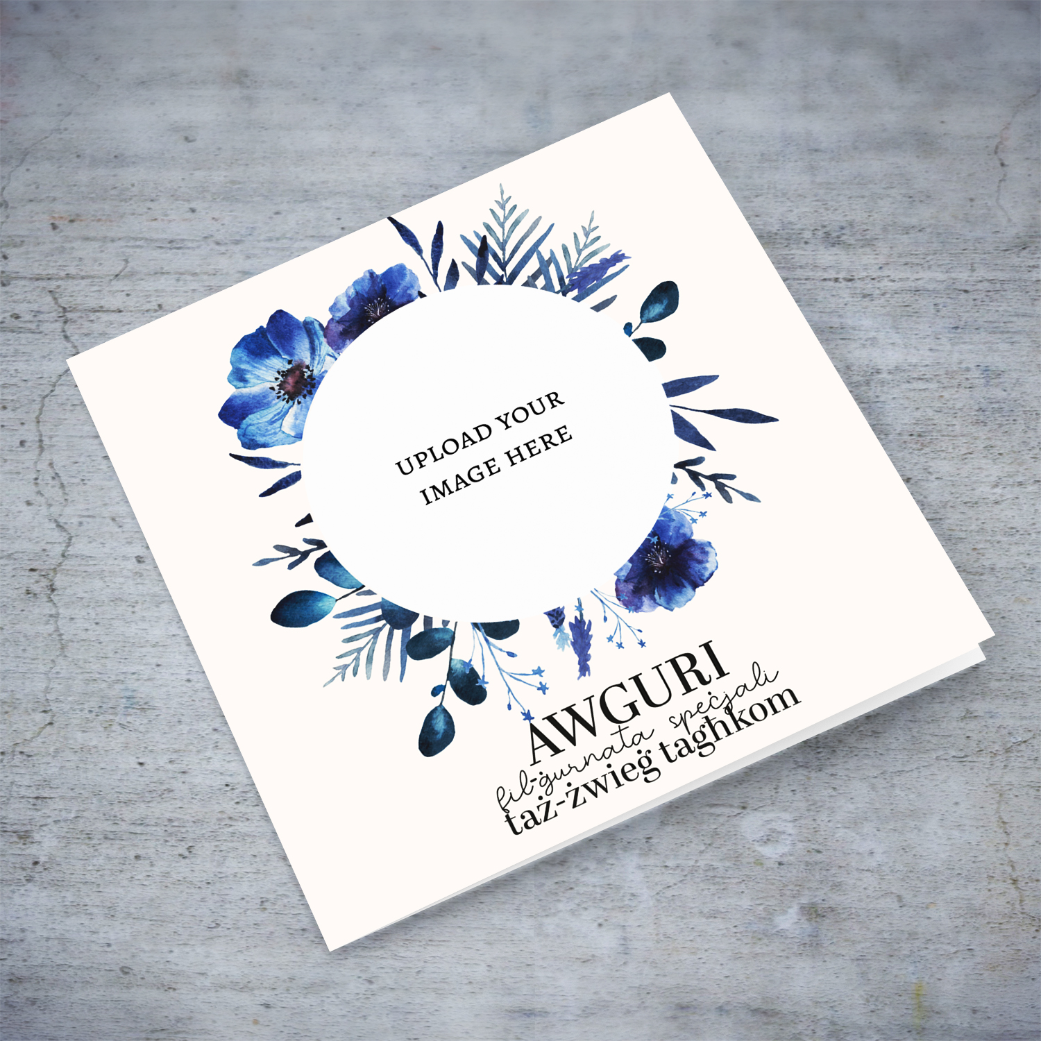 A beautiful photo wedding card with blue floral detail in Maltese (Photo Card)