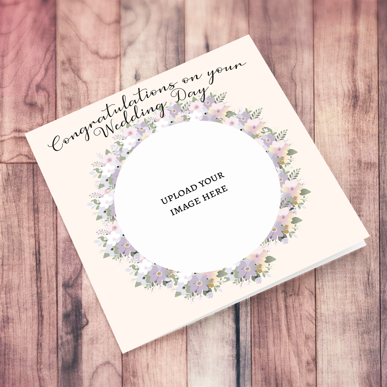 A light pastel coloured flowered photo wedding card in English 