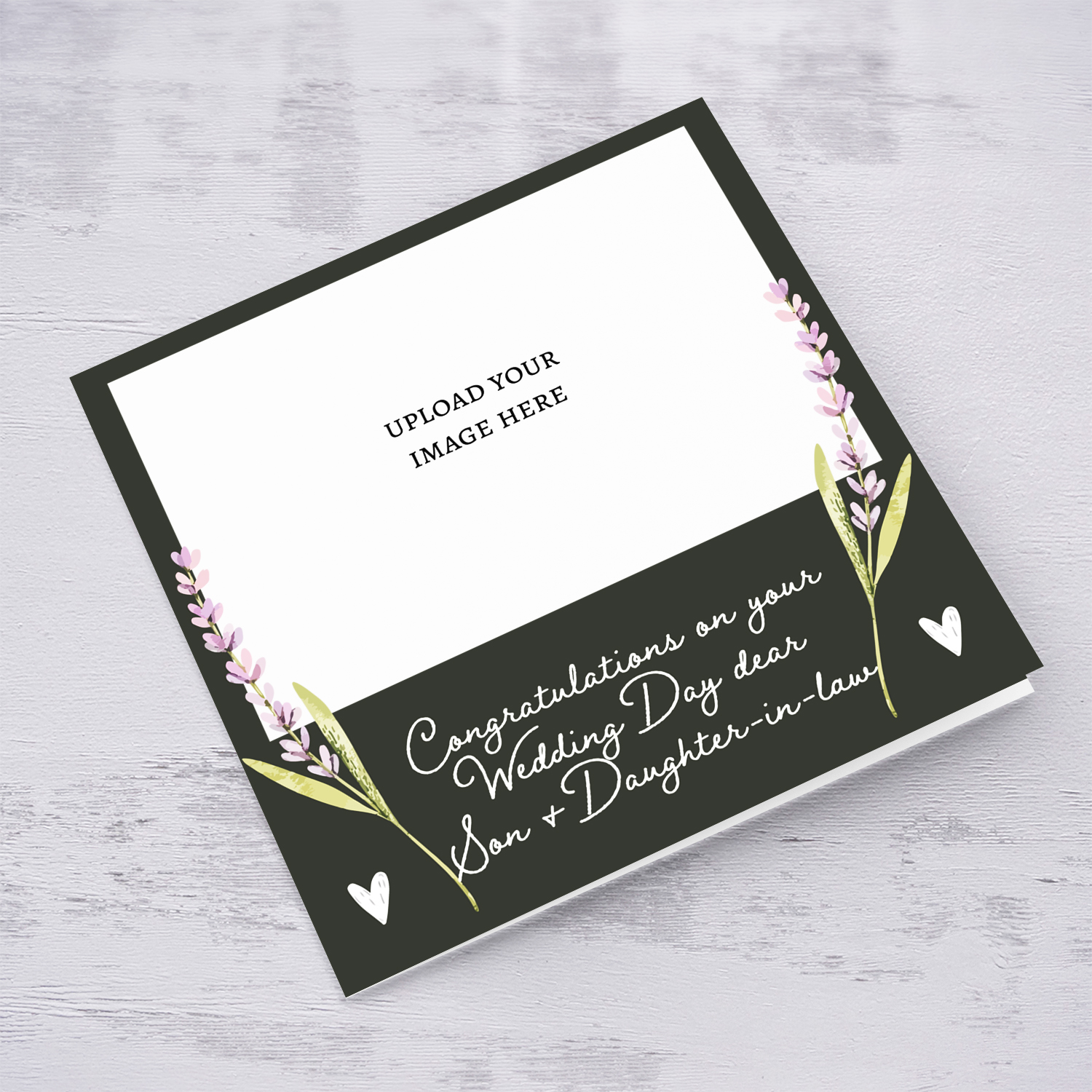 Dark green background with dainty florals photo wedding card for son and daughter-in-law in English