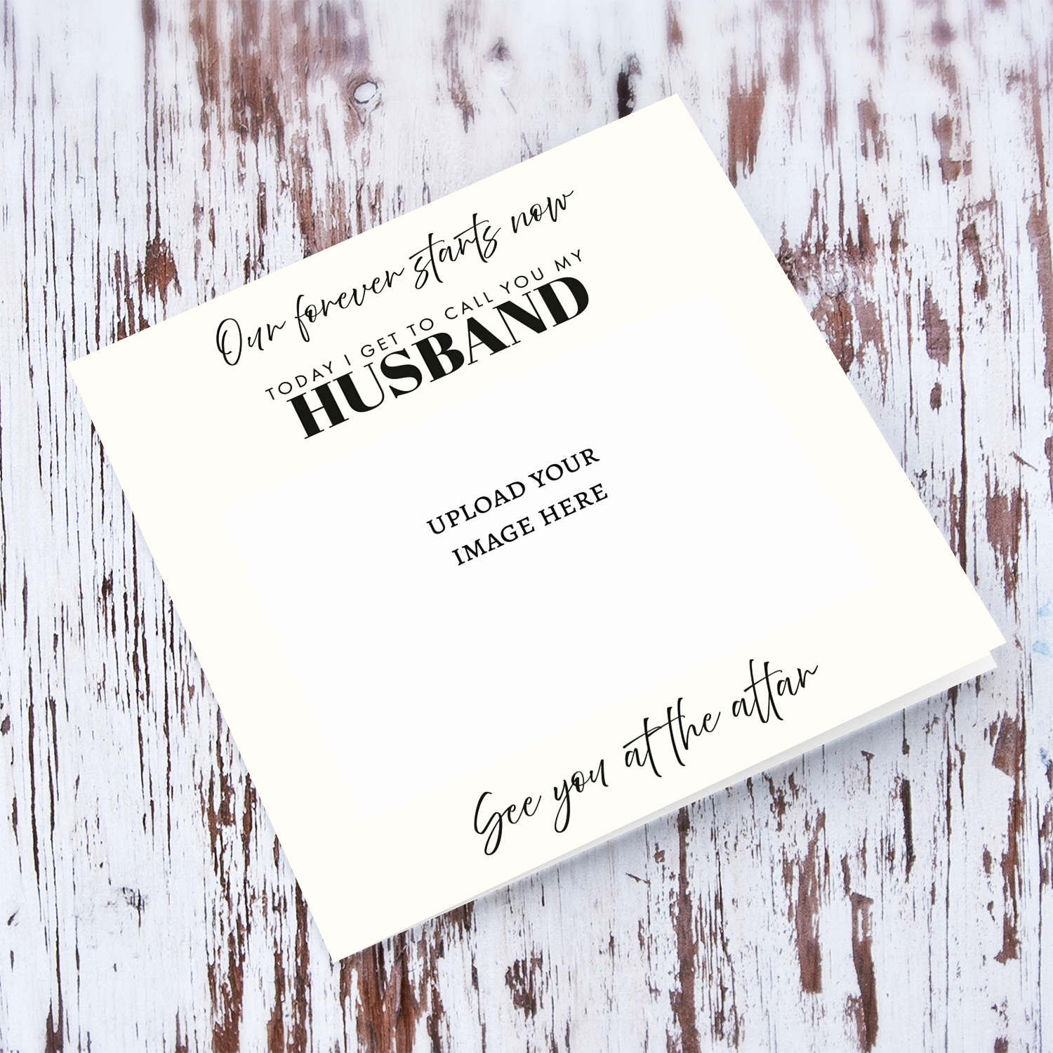 A photo greeting card for husband to be on Wedding Day, in cream background and black text in English