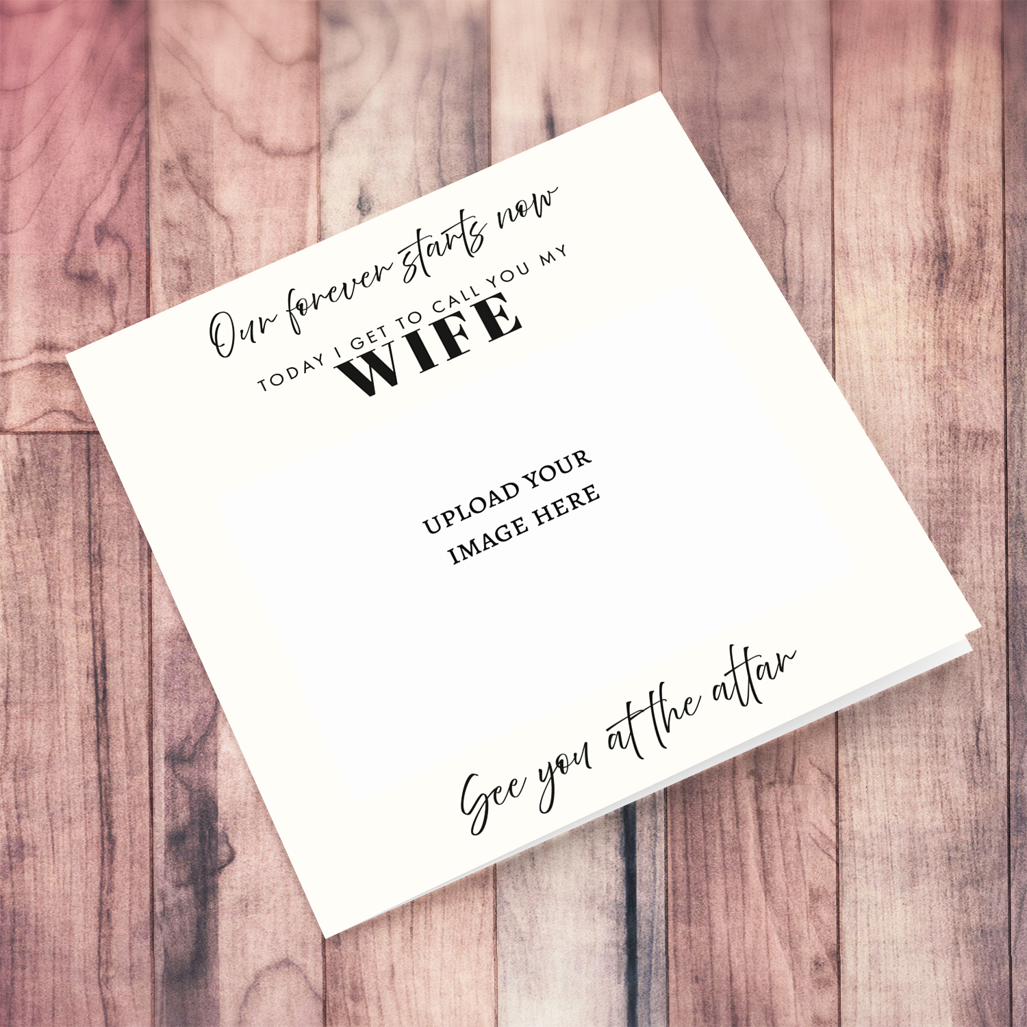 A photo greeting card for wife to be on Wedding Day, in cream background and black text in English 