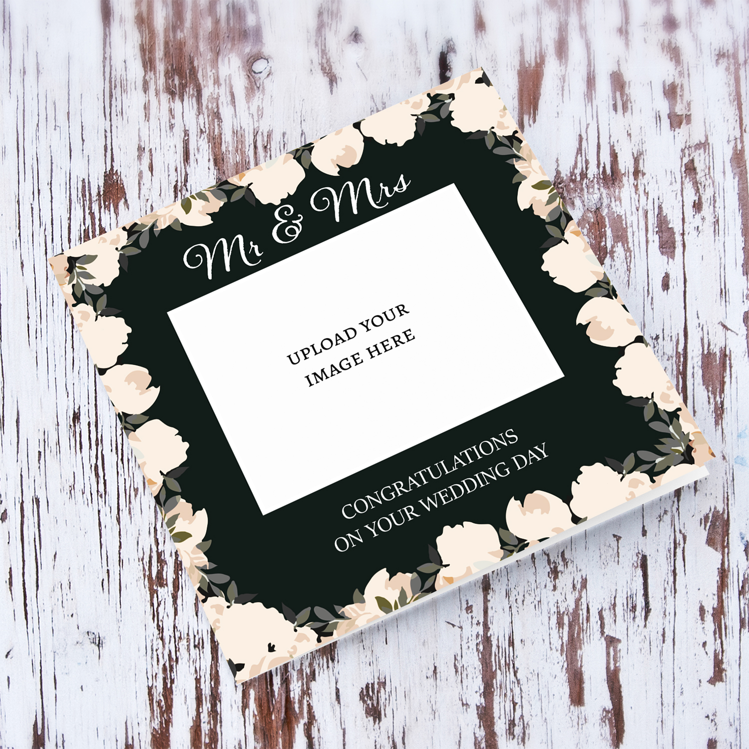A floral border in neutral colours, and black background Wedding Card for Mr & Mrs in English
