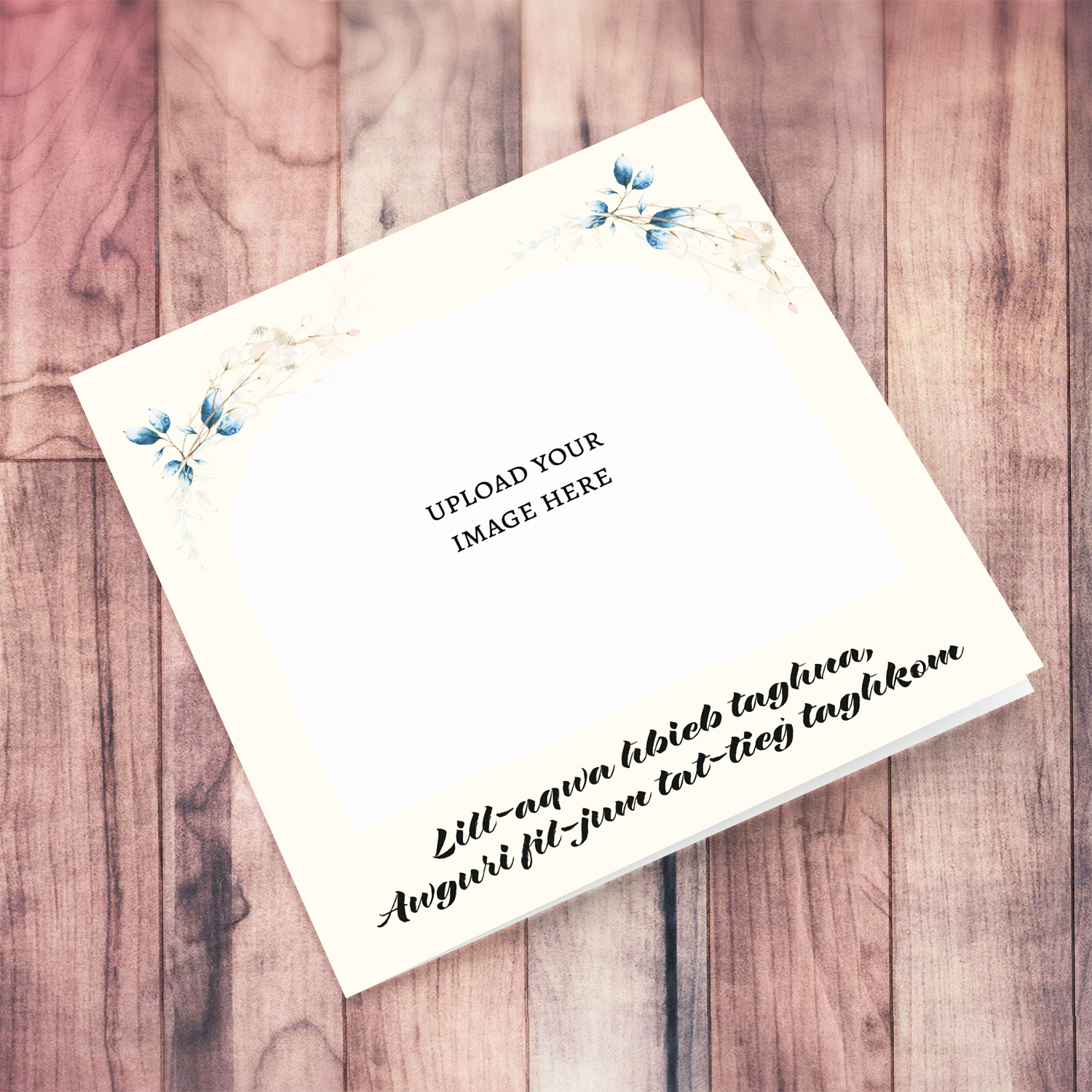 A dainty photo wedding card for best friends featuring light blue leaves / florals in Maltese