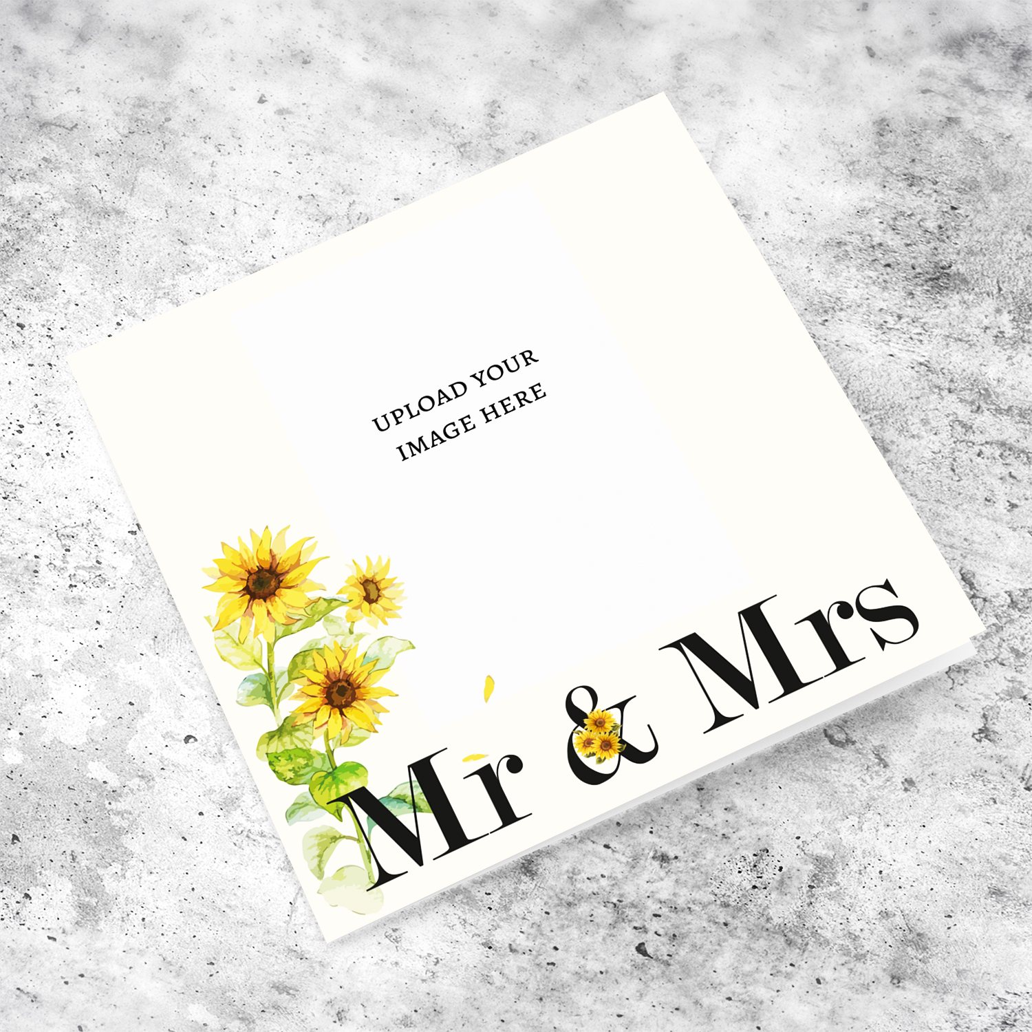 An elegant photo wedding card, for MR & MRS featuring beautiful sunflowers and a neutral background in English