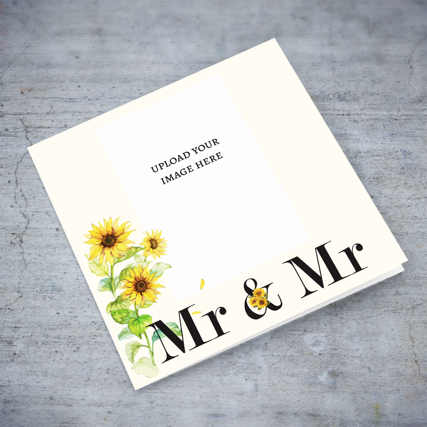 An elegant photo wedding card, for MR & MR featuring beautiful sunflowers and a neutral background in English