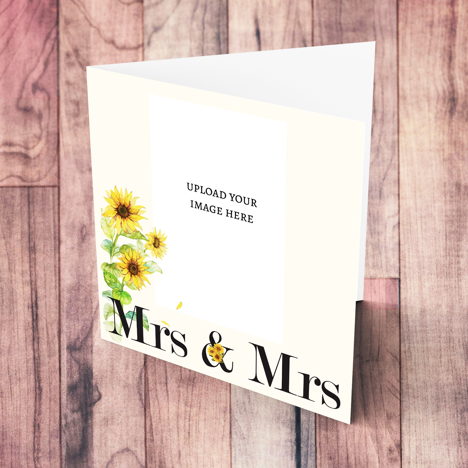 An elegant photo wedding card, for MRS & MRS featuring beautiful sunflowers and a neutral background in English