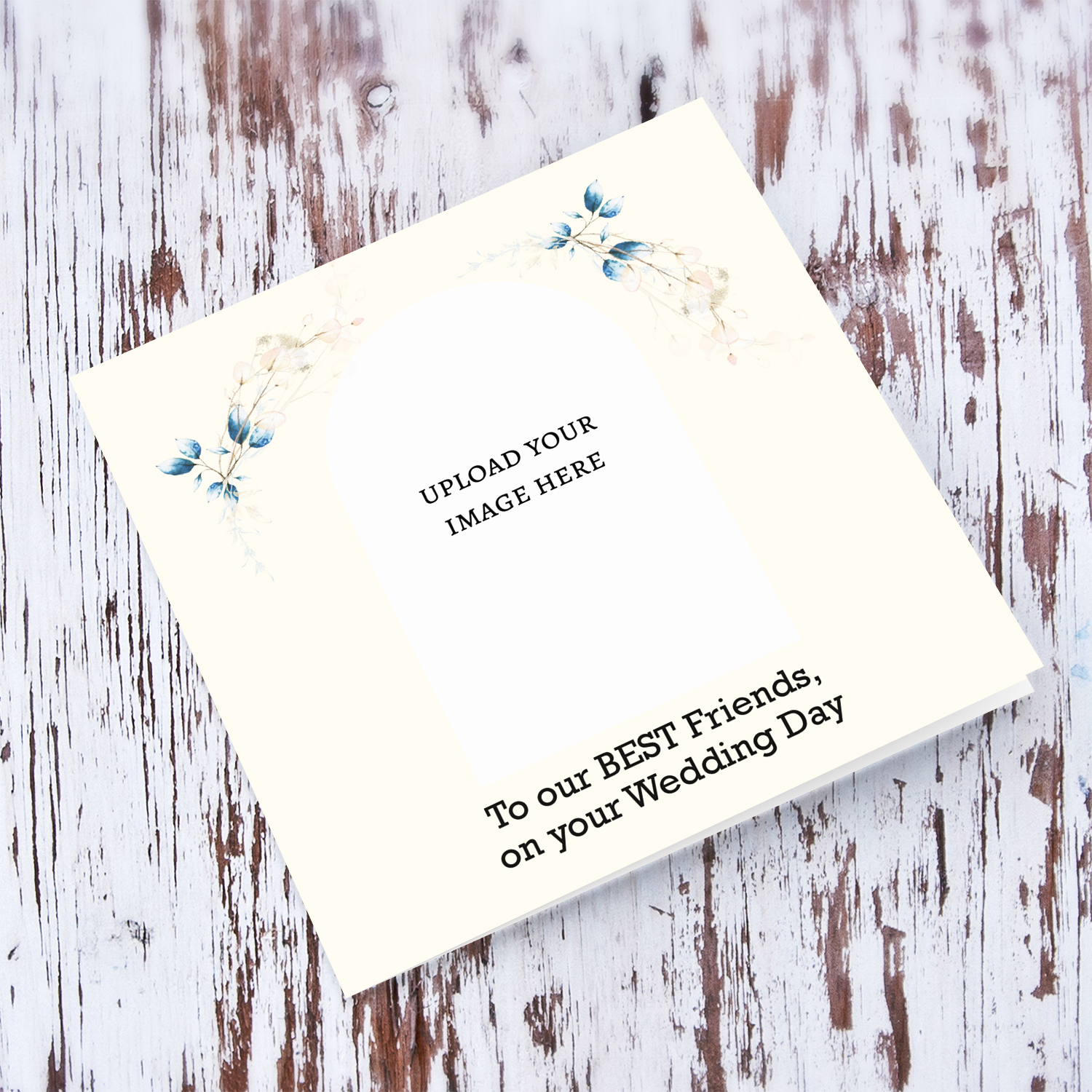 A dainty photo wedding card for best friends featuring light blue leaves / florals in English 