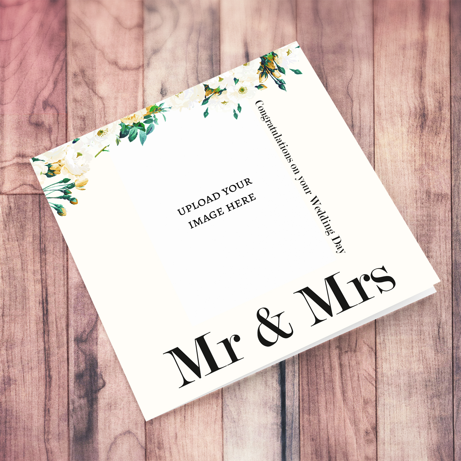 A minimalist photo card for Mr & Mrs with dainty florals and light cream background in English