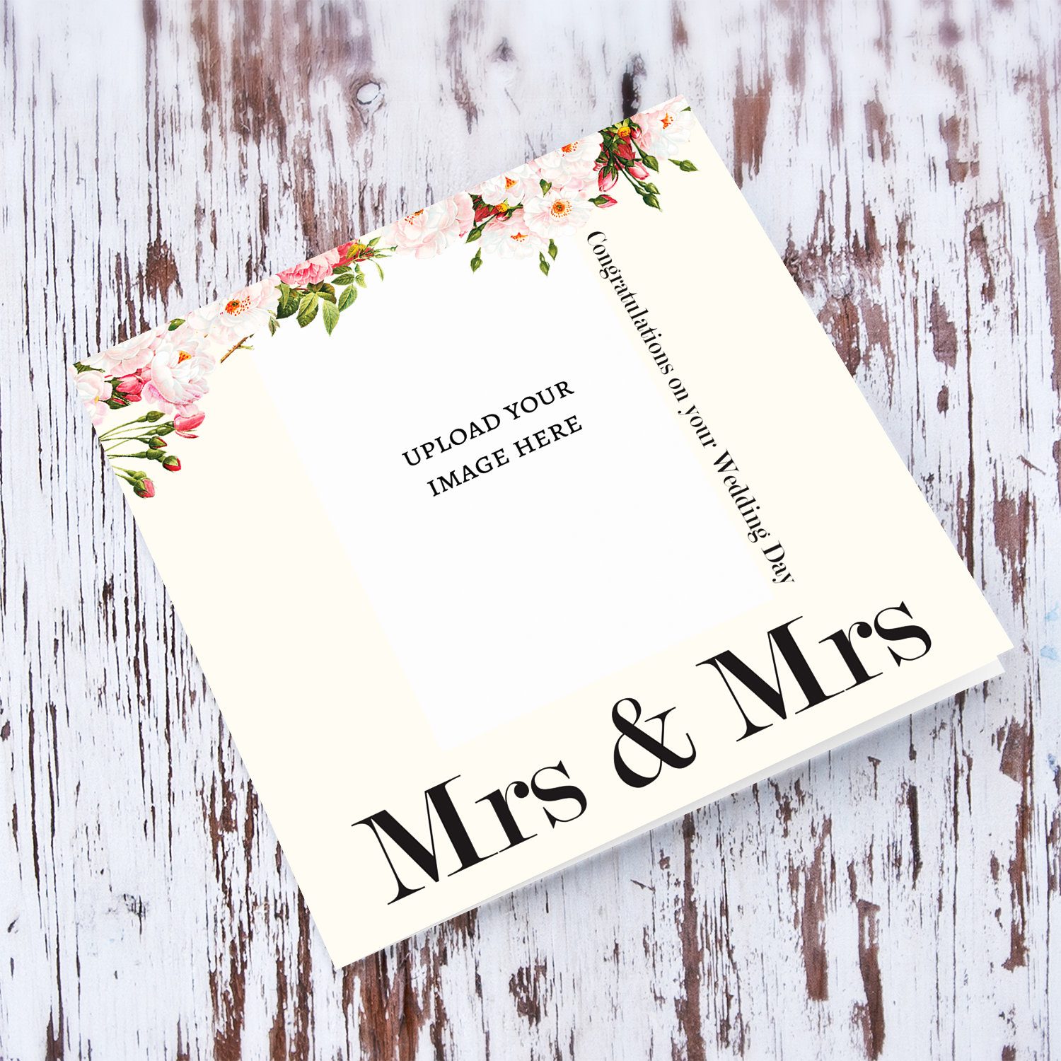 A minimalist photo card for Mrs & Mrs with dainty florals and light cream background in English