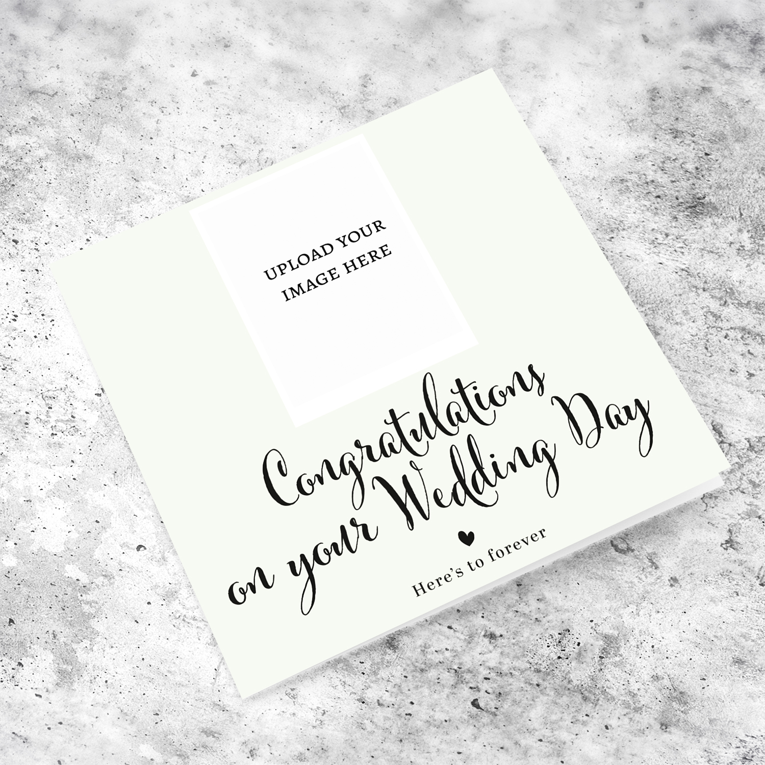A minimalist Wedding photo card, in a light background, black text and heart in English