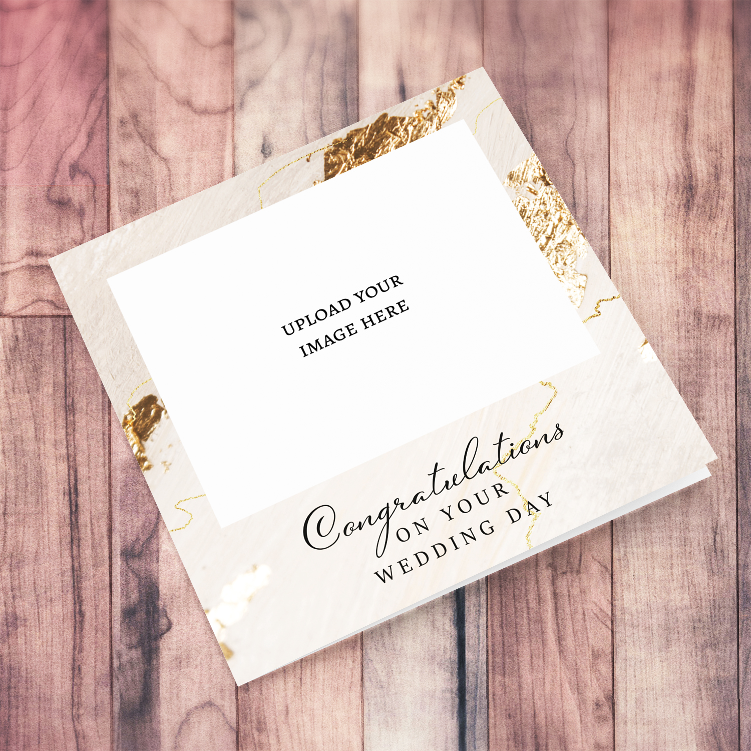 An elegant photo wedding card with a marble and gold design in English
