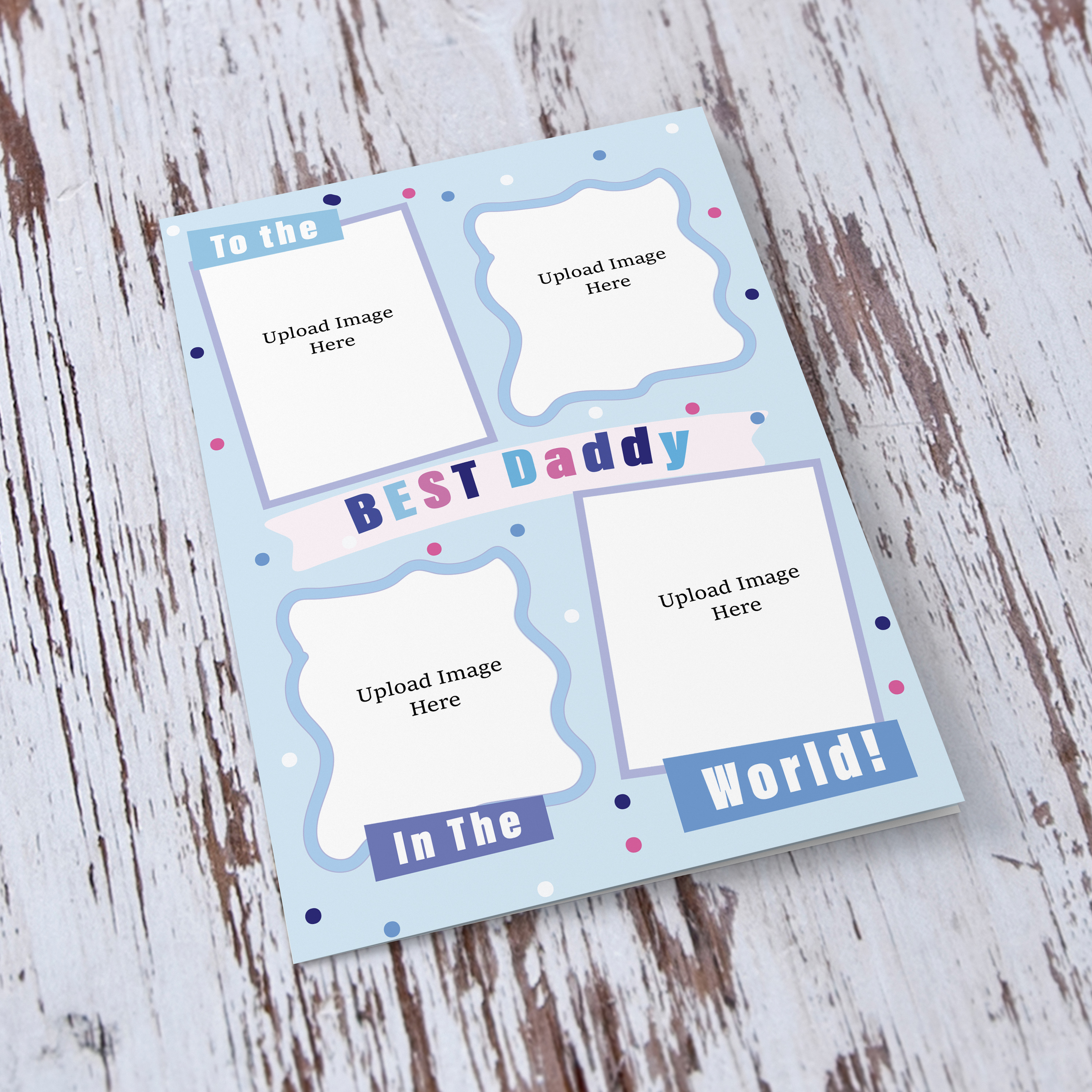 A beautiful A5 photo birthday / father's day card for daddy in a light blue toned colour scheme with 4 photo windows in English