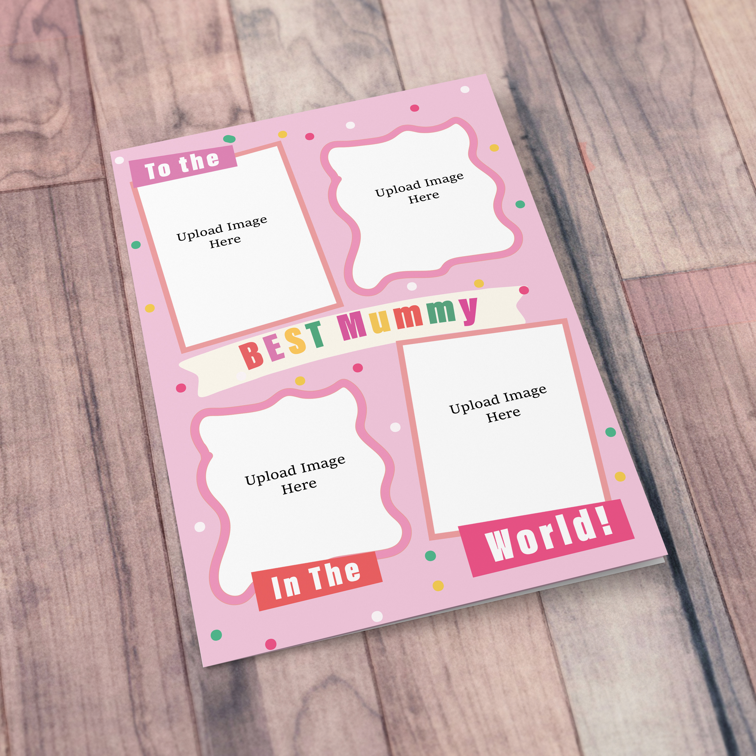 A beautiful A5 photo birthday / mother's day card for mummy in a light pink toned colour scheme with 4 photo windows in English