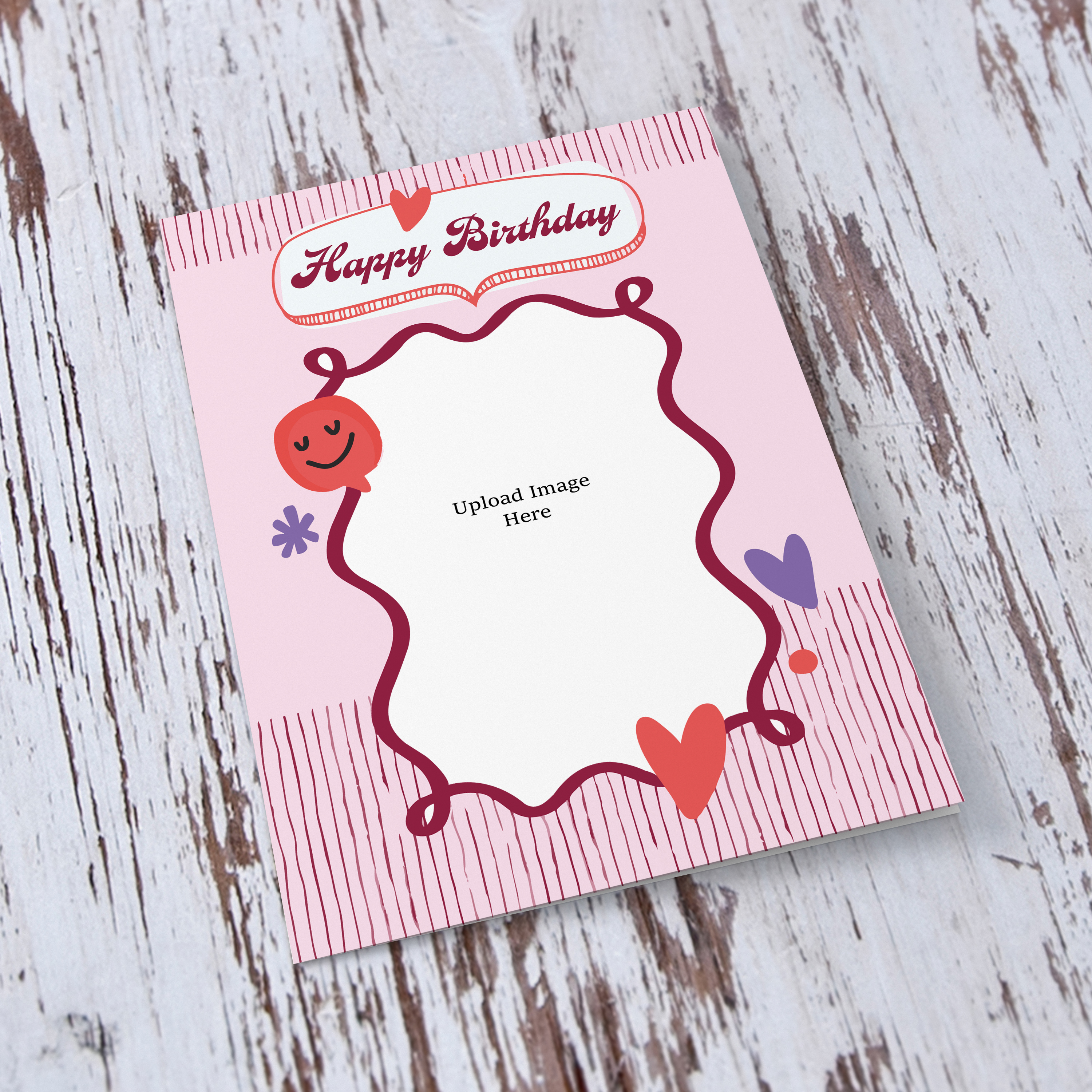 A modern A5 photo birthday card, in pink striped background in English