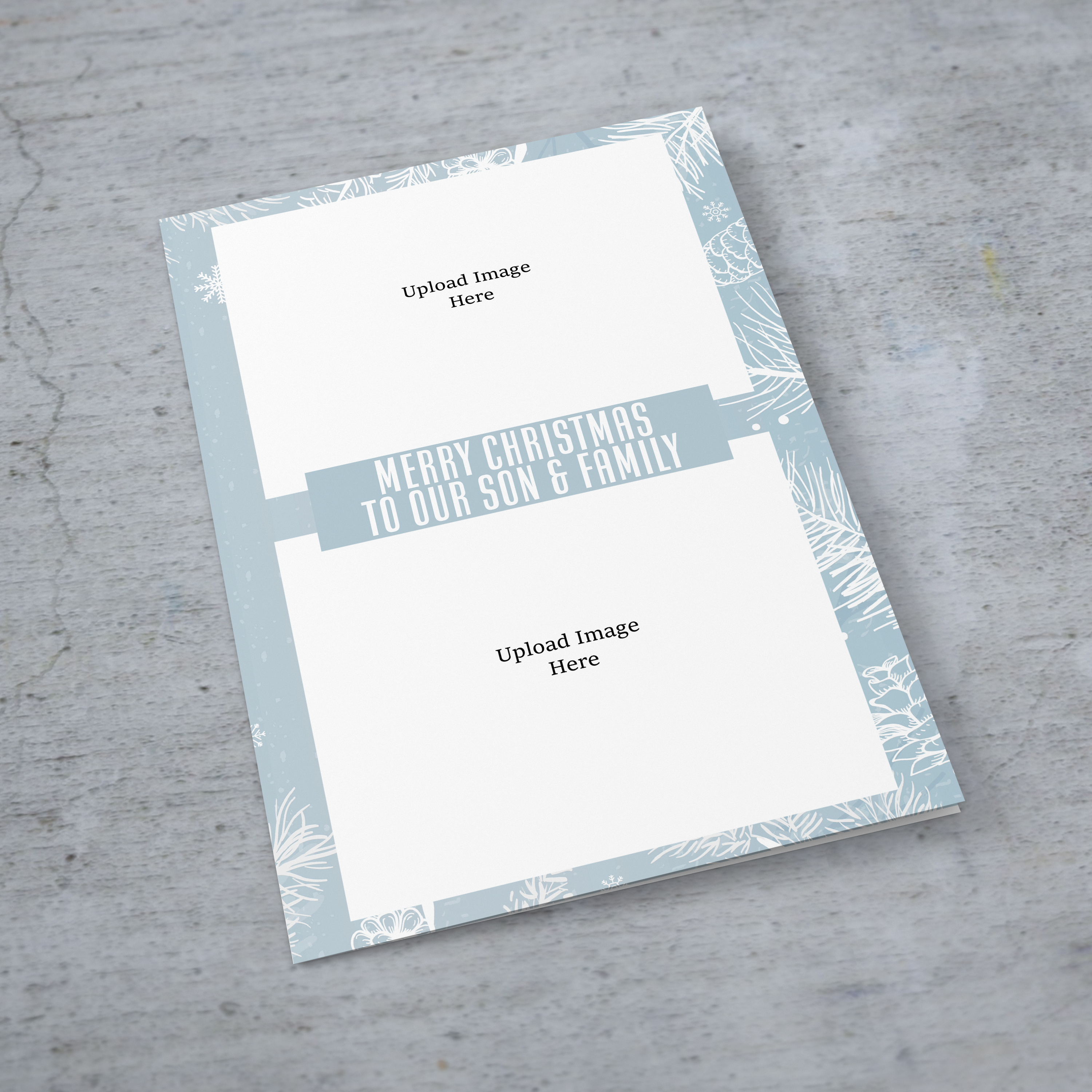 A beautiful A5 Christmas photo card for son & family in a light blue and white christmassy background with 2 photo windows in English