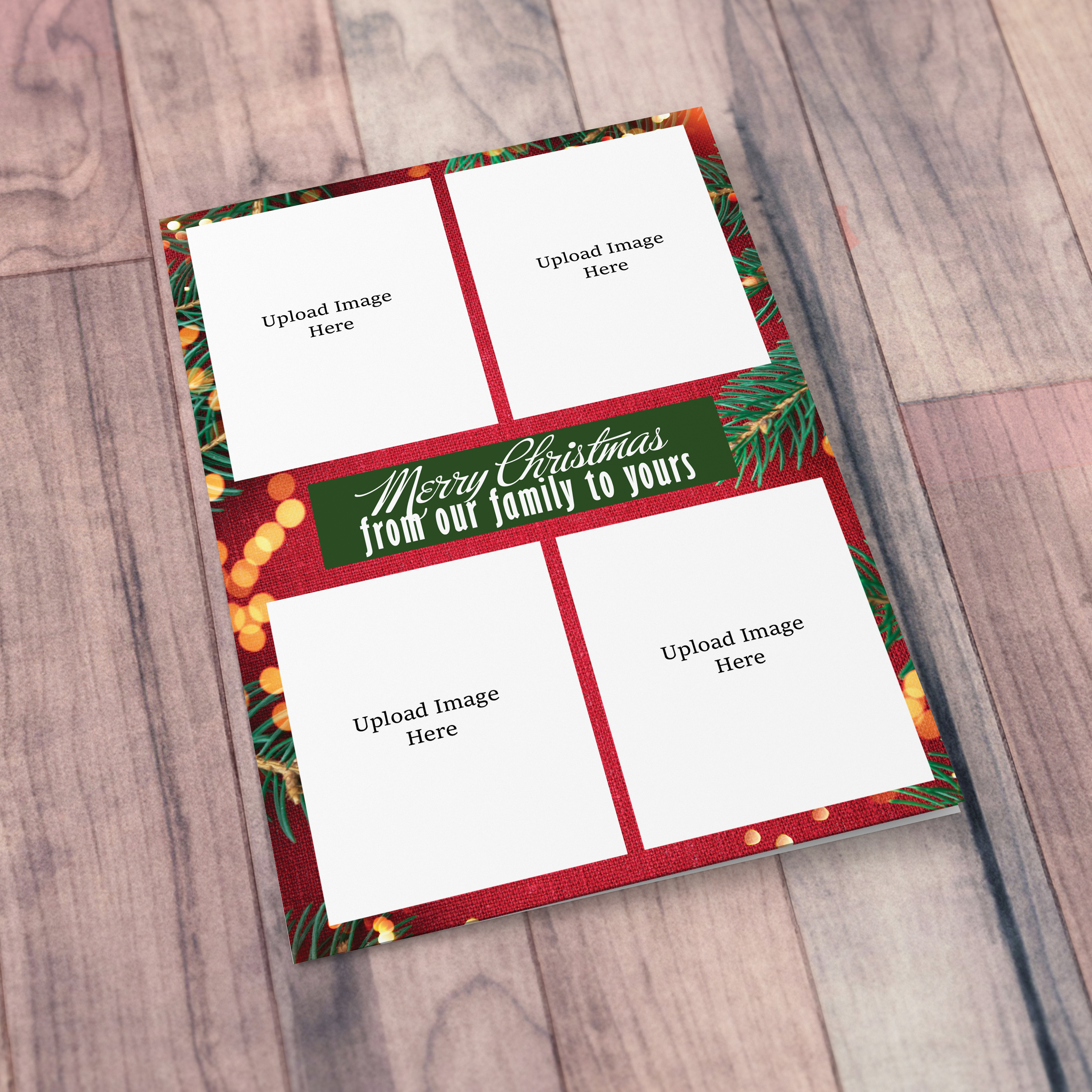 An open A5 Christmas greeting card featuring tree brances, and christmas lights with a 4 window photo upload in English (Neutral & Unisex)