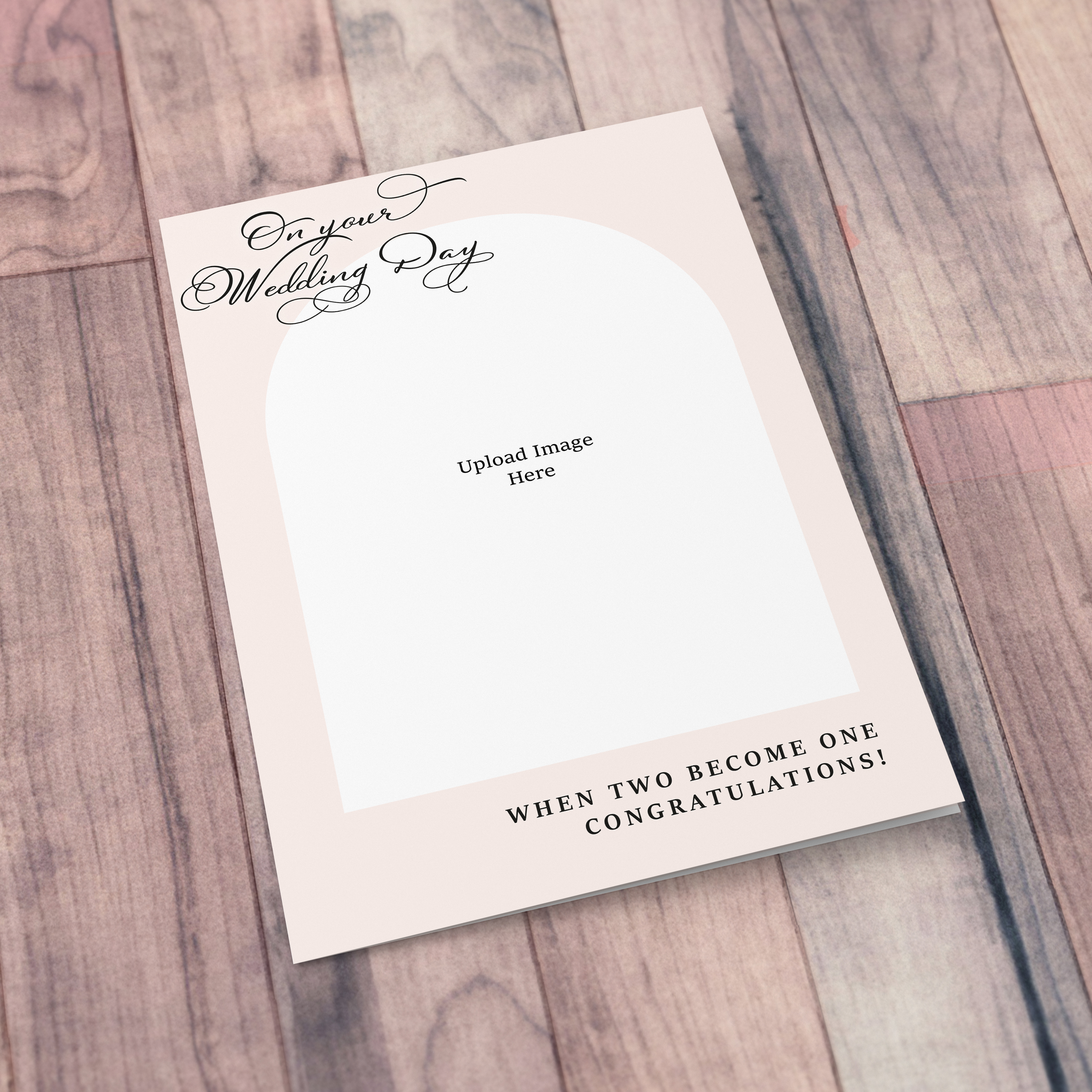 A minimalist A5 wedding card in a neutral background and black text in English