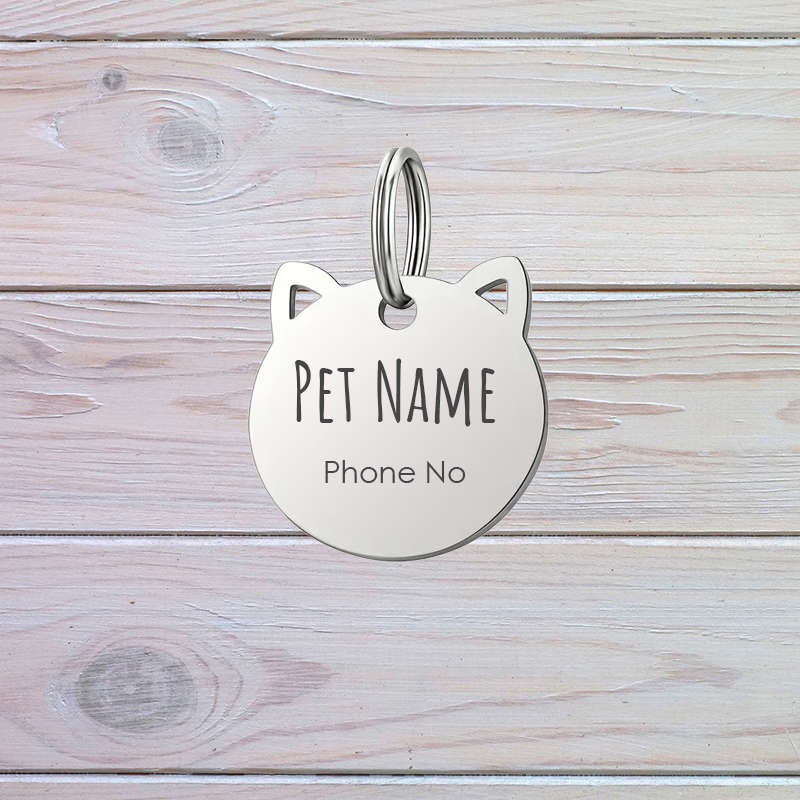 Silvery Cat Collar Tag - Personalisable with Name and Phone Number (28mm)